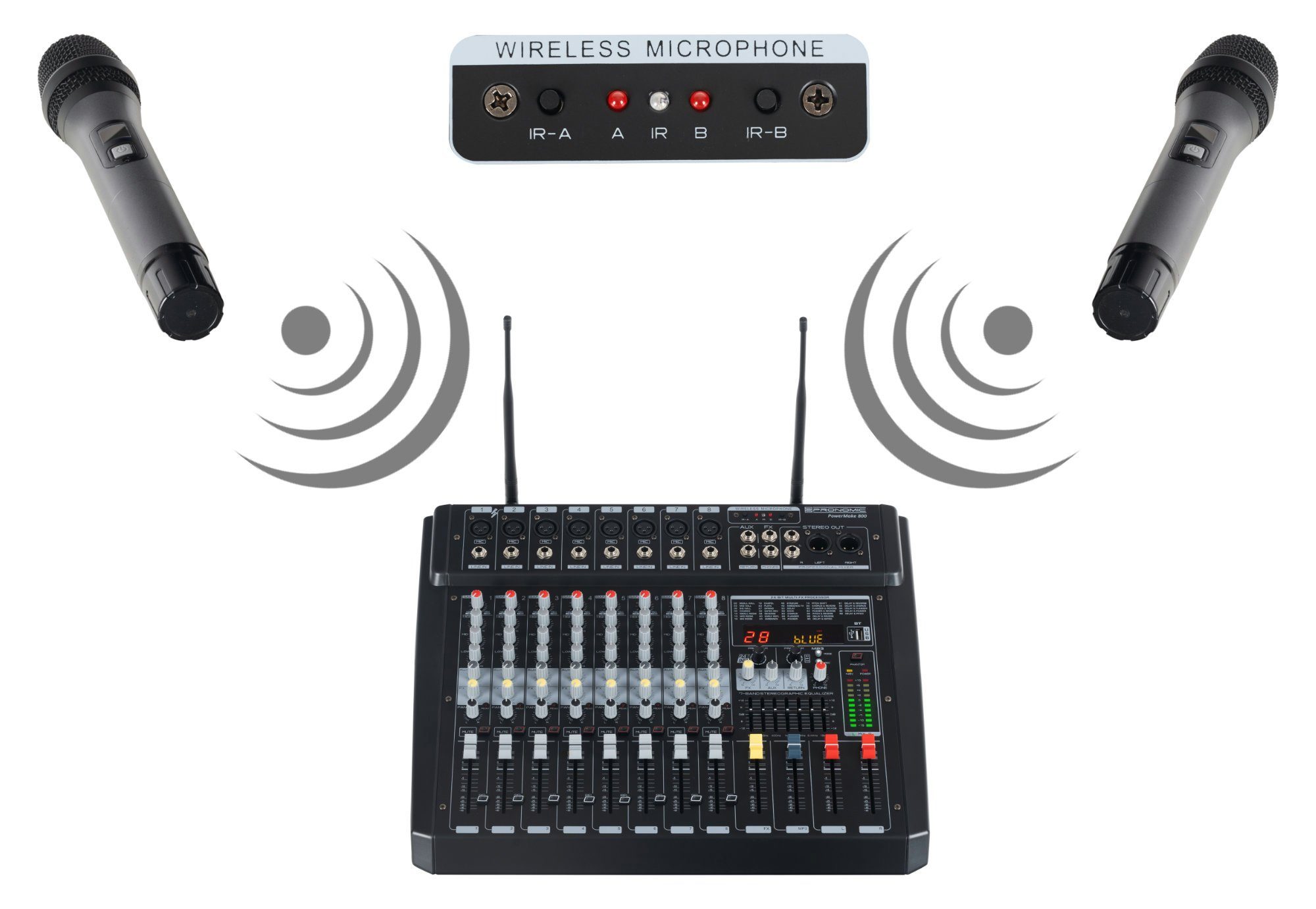 Pronomic Mischpult 8-Kanal-Powermischer 760 Watt RMS-Leistung, (inkl. 2 Funkmikrofone mit integriertem UHF-Empfänger), Bluetooth®/USB-Player/Recorder - Grafischer Equalizer