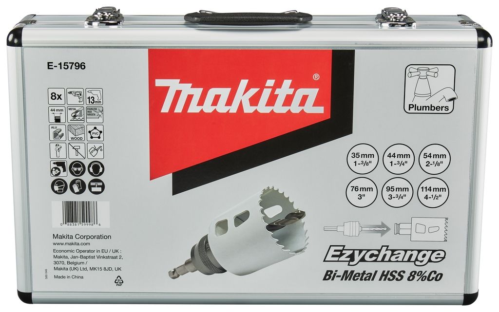 Conjunto de serras copo Makita E-15796 com 8 peças, tamanhos 35, 44, 54, 76, 95 e 114 mm, para madeira/metal, sistema Ezychange, em estojo.