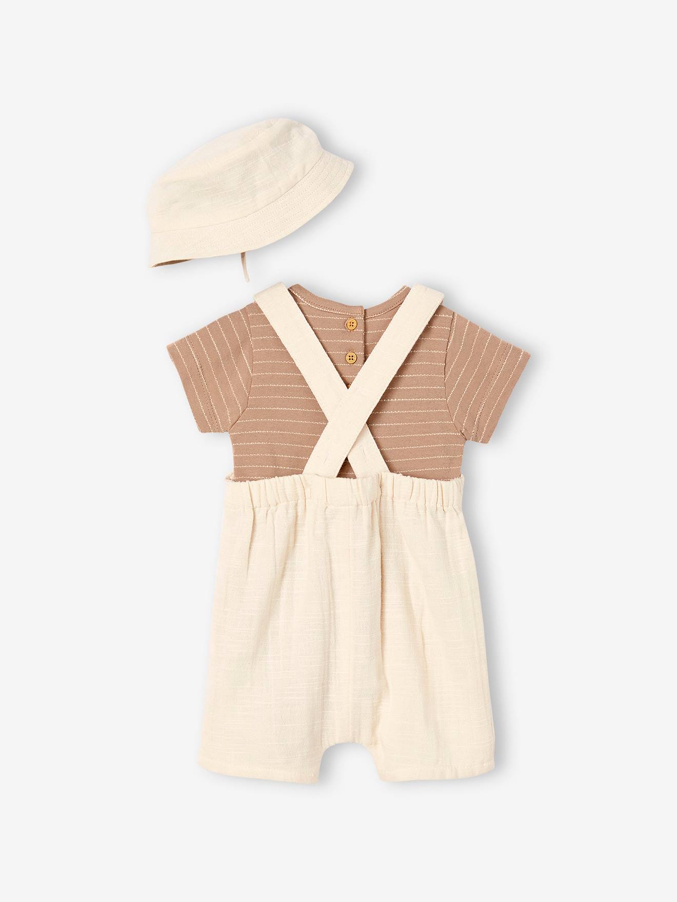 Ensemble bébé body, salopette et chapeau écru