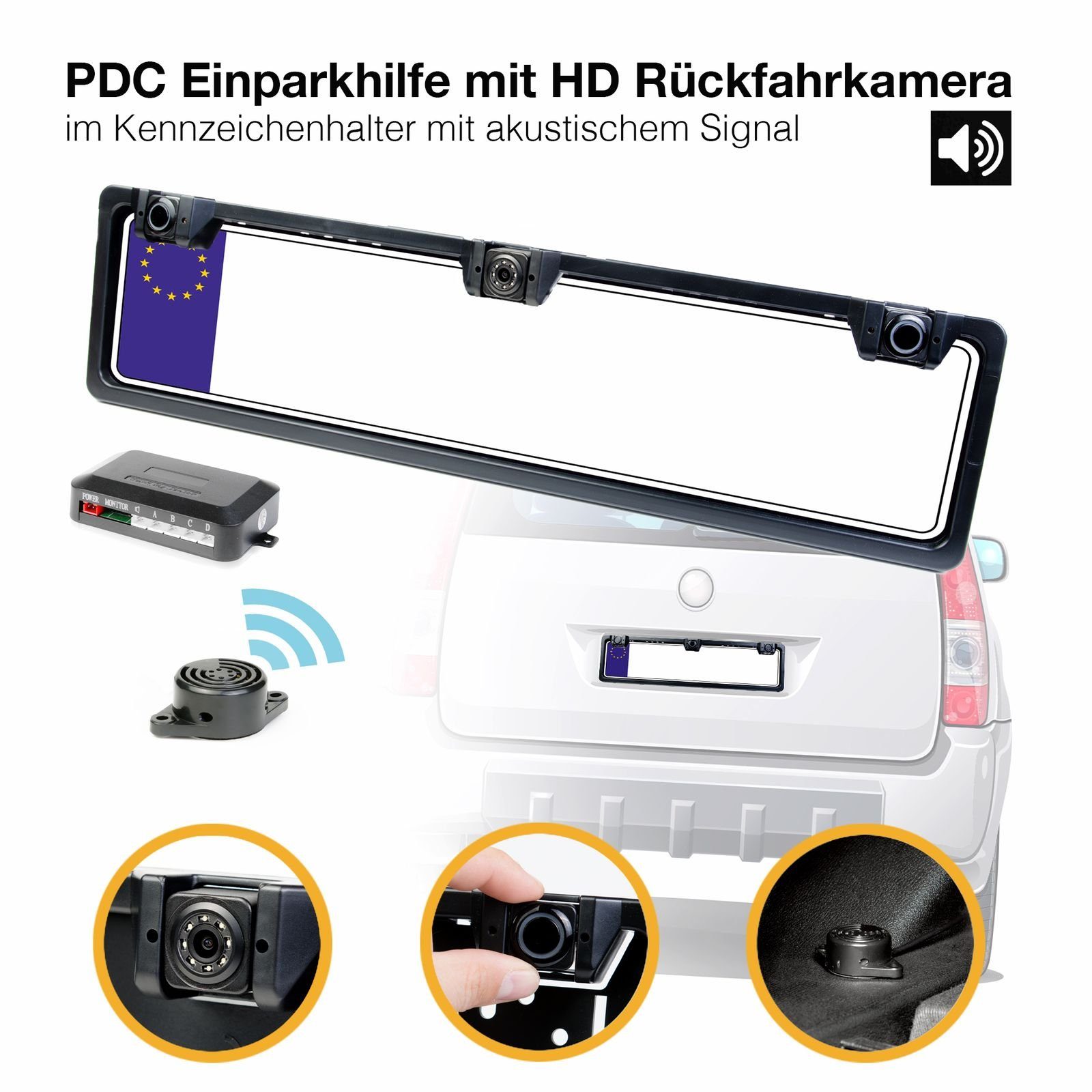 CARMATRIX CM-1155 Rückfahrkamera (PDC Einparkhilfe mit HD Rückfahrkamera in Kennzeichenhalterung, Rückfahrwarner 2 Sensoren zum nachrüsten ohne Bohren)