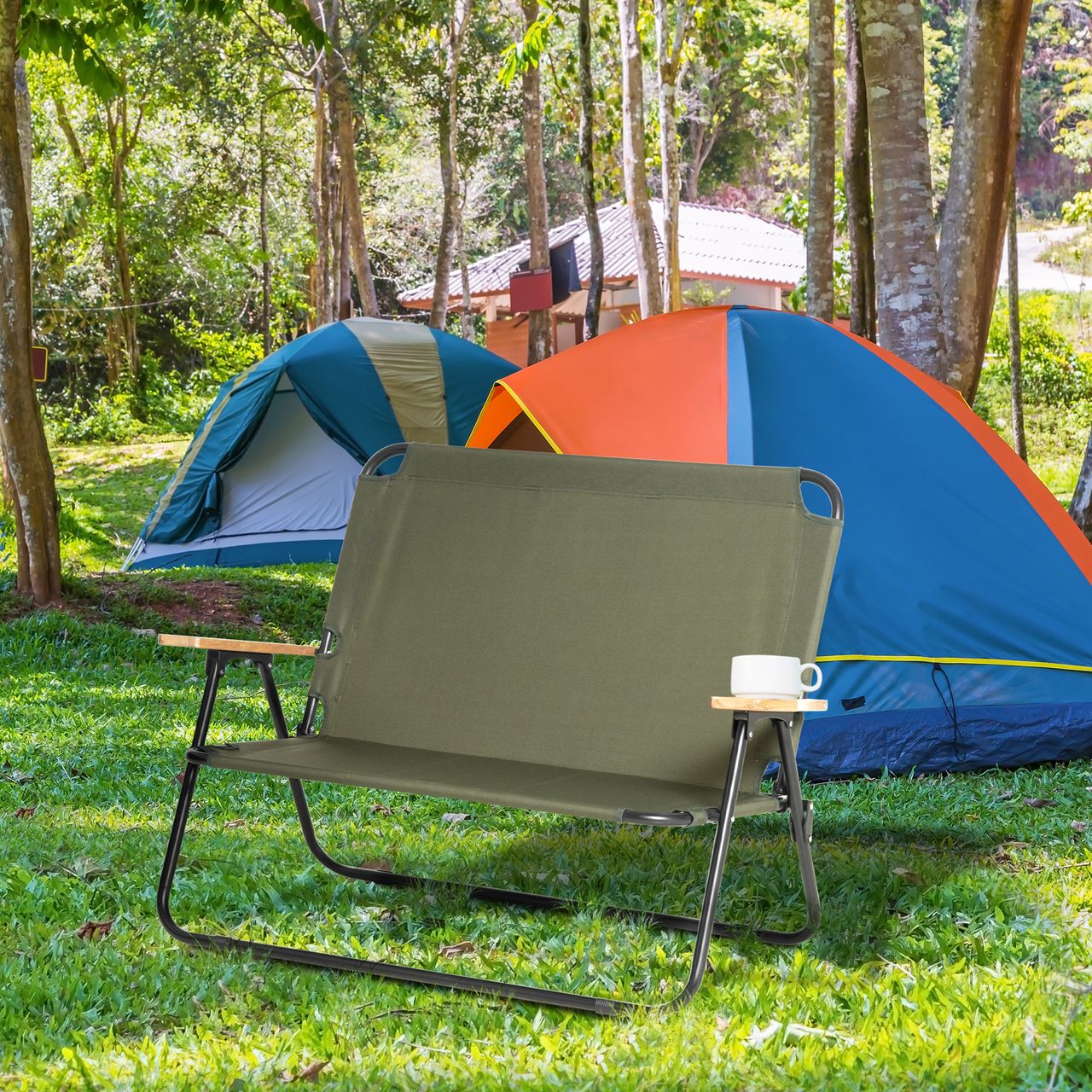 Outsunny Campingstuhl 2-Sitzer klappbar tragbar Gartenstuhl Regiestuhl Klappstuhl mit Getränkehalter für Outdoor Picknick Wandern max. Belastung 160 kg Grün 141 x 67 x 80 cm