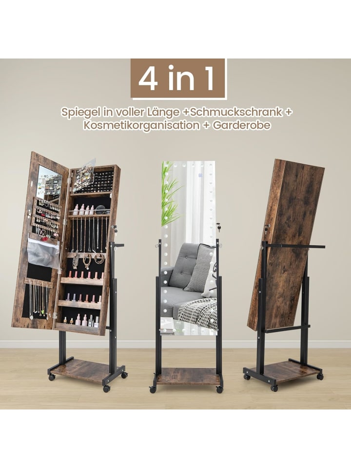 COSTWAY Schmuckschrank LED mit Rollen 4 in 1 in Braun günstig kaufen onesize
