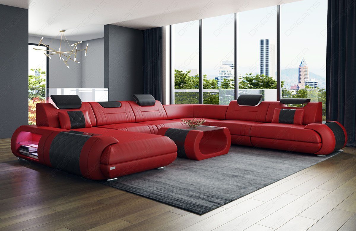 Sofa Dreams Wohnlandschaft Sofa Ledercouch Leder Rimini XXL U Form Ledersofa, Couch, mit LED, wahlweise mit Bettfunktion als Schlafsofa, Designersofa