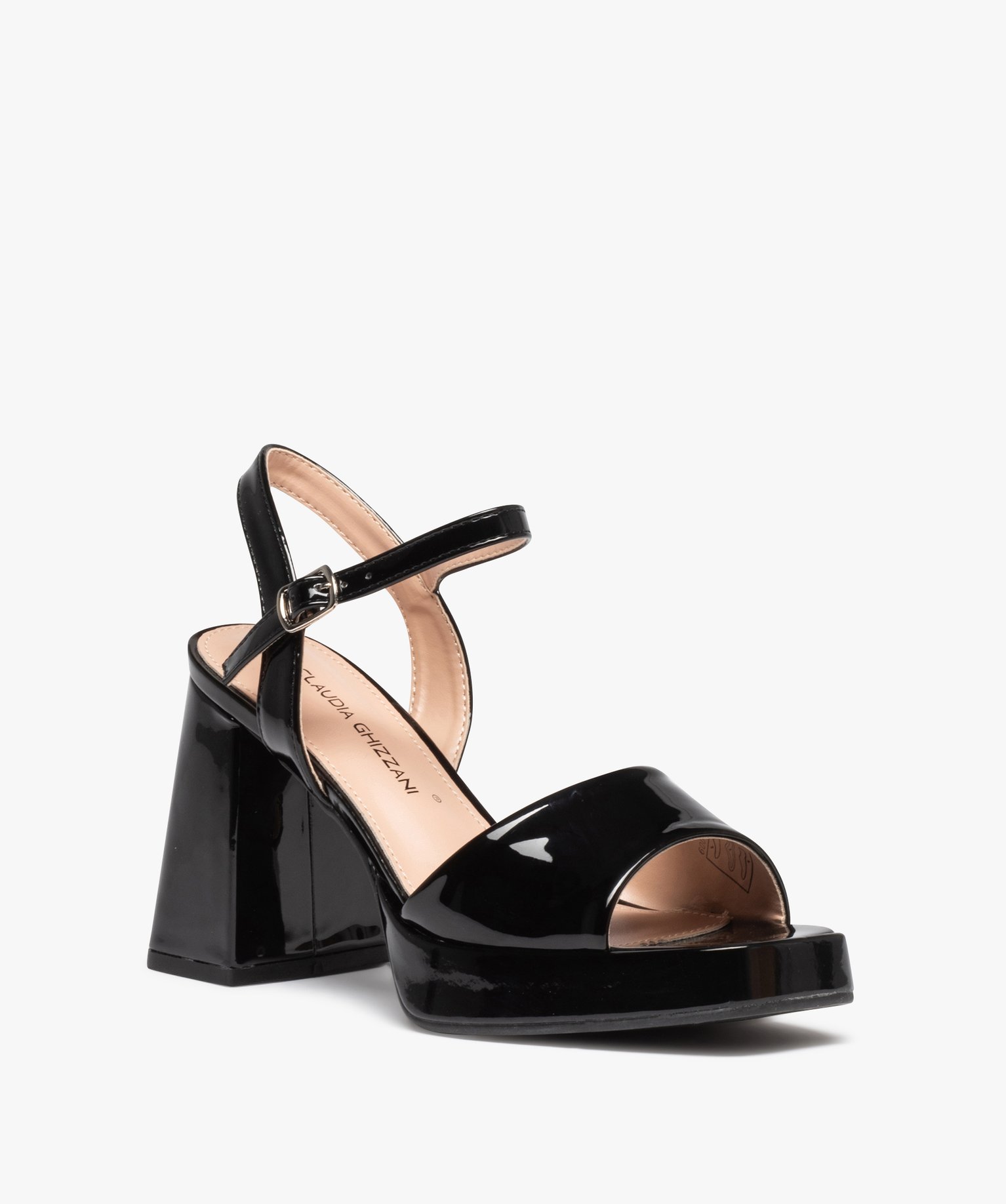 Sandales femme unies et vernies à talon carré évasé noir | GEMO