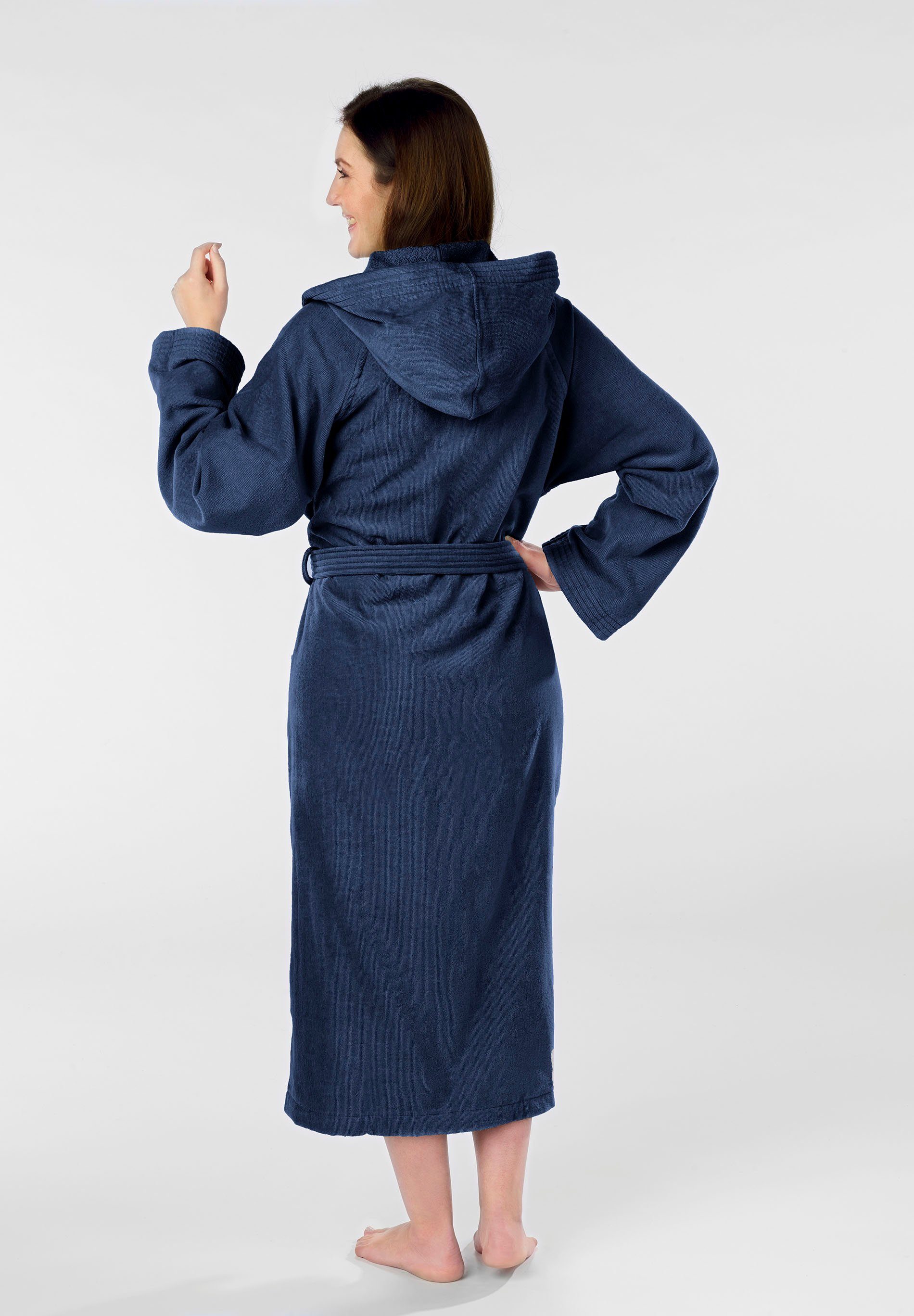 Biberna Unisex-Bademantel Meike, Langform, Frotteevelours, Kapuze, Gürtel, Velours Bademantel für Damen & Herren, mit Kapuze, feine Samt-Optik