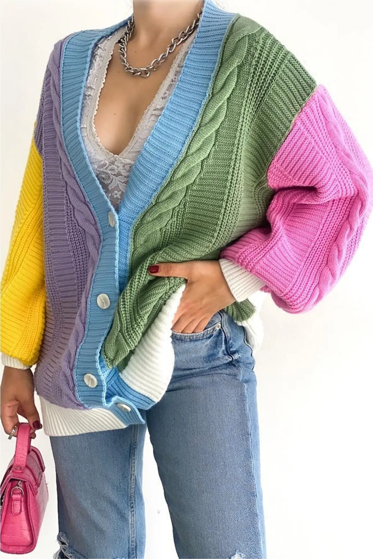 FEMELLE  Damen Standardgröße Mehrfarbig Neue Saison Lockere Oversize Strickjacke