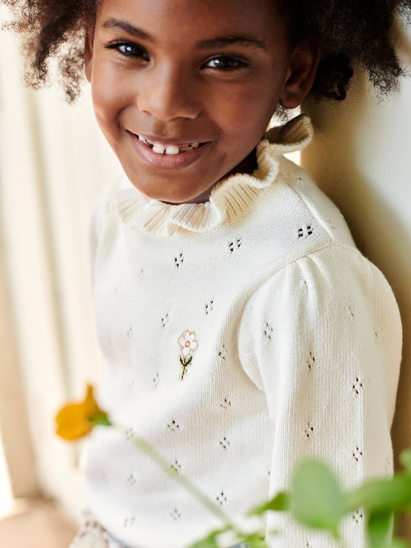 Pull fantaisie maille pointelle fille écru