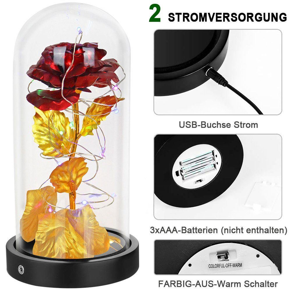 Kunstblume Rose im Glas: Edle Kunst-Rose & Bär, mit LED Lichter,ewige Blumen, Sunicol, Höhe 22 cm, für Hochzeit Muttertag Geburtstag Valentinstag Geschenk