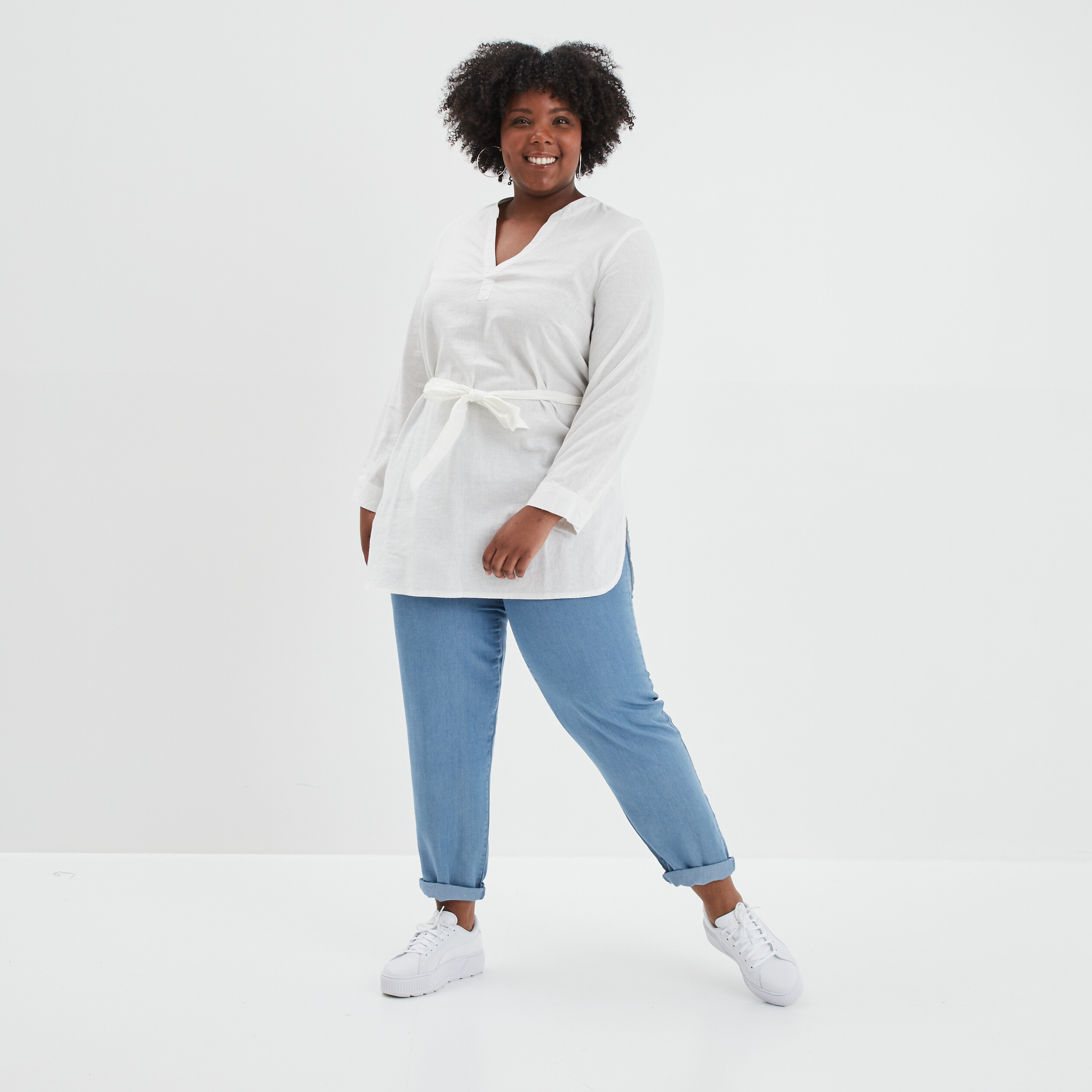 Blouse droite ceinturée lin majoritaire blanc femme grande taille | La Halle