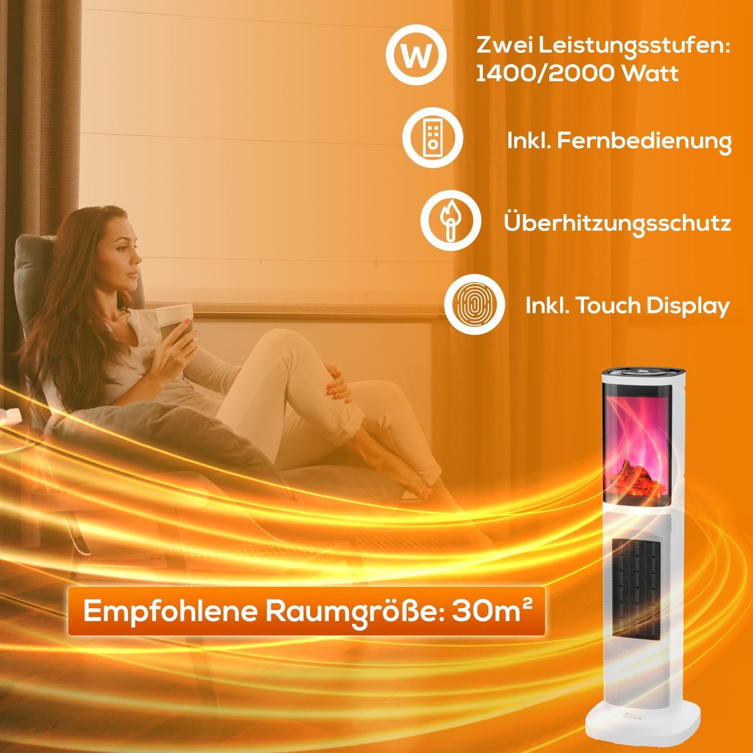 TroniTechnik Heizstrahler Turmheizer KH-064, Keramikelement, Heizgerät,Oszillation,2000W,weiß, 2000 W, zwei Heizstufen, Überhitzungsschutz und Abschaltautomatik, Thermostat