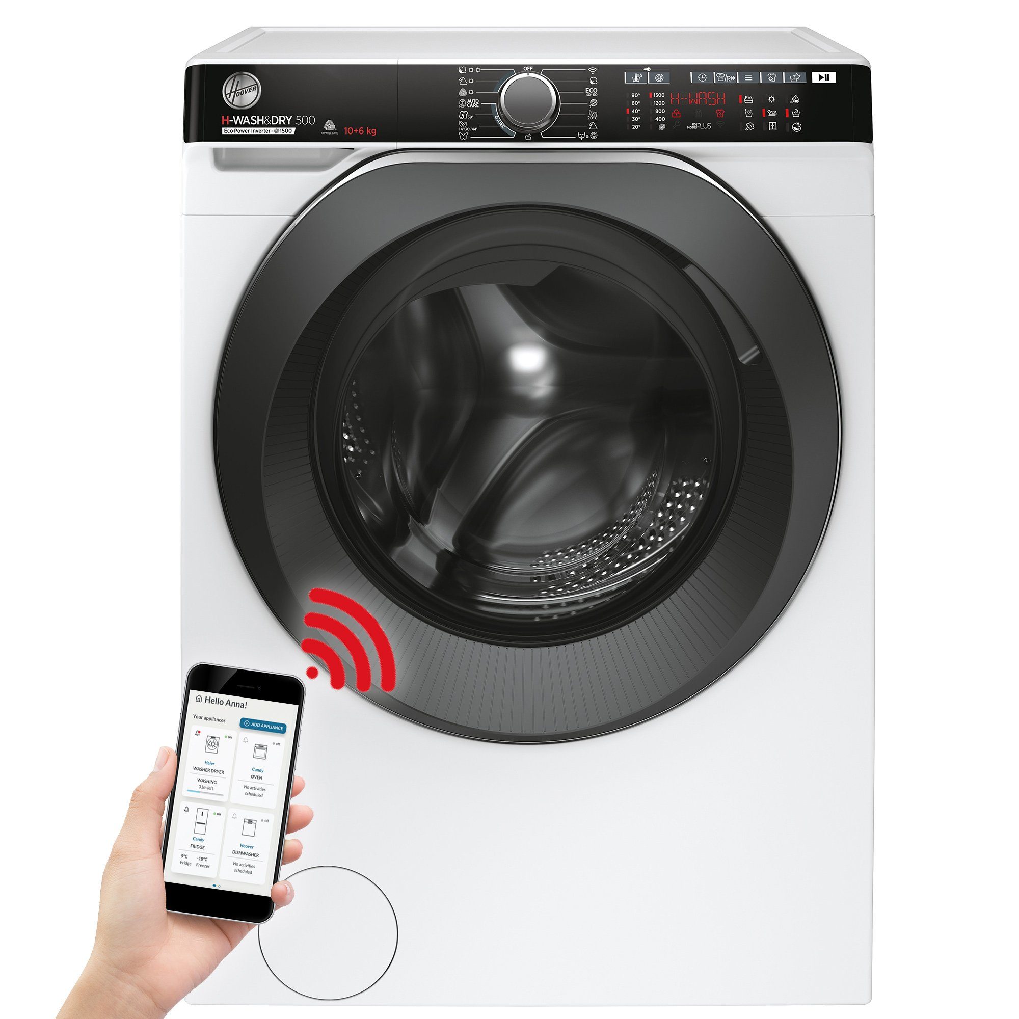 Hoover Waschtrockner HDP 5106AMBC/1-S, 10,00 kg, 6 kg, 1500 U/min, Mix-Power-System, WiFi & Bluetooth (hOn-App), Active Steam
