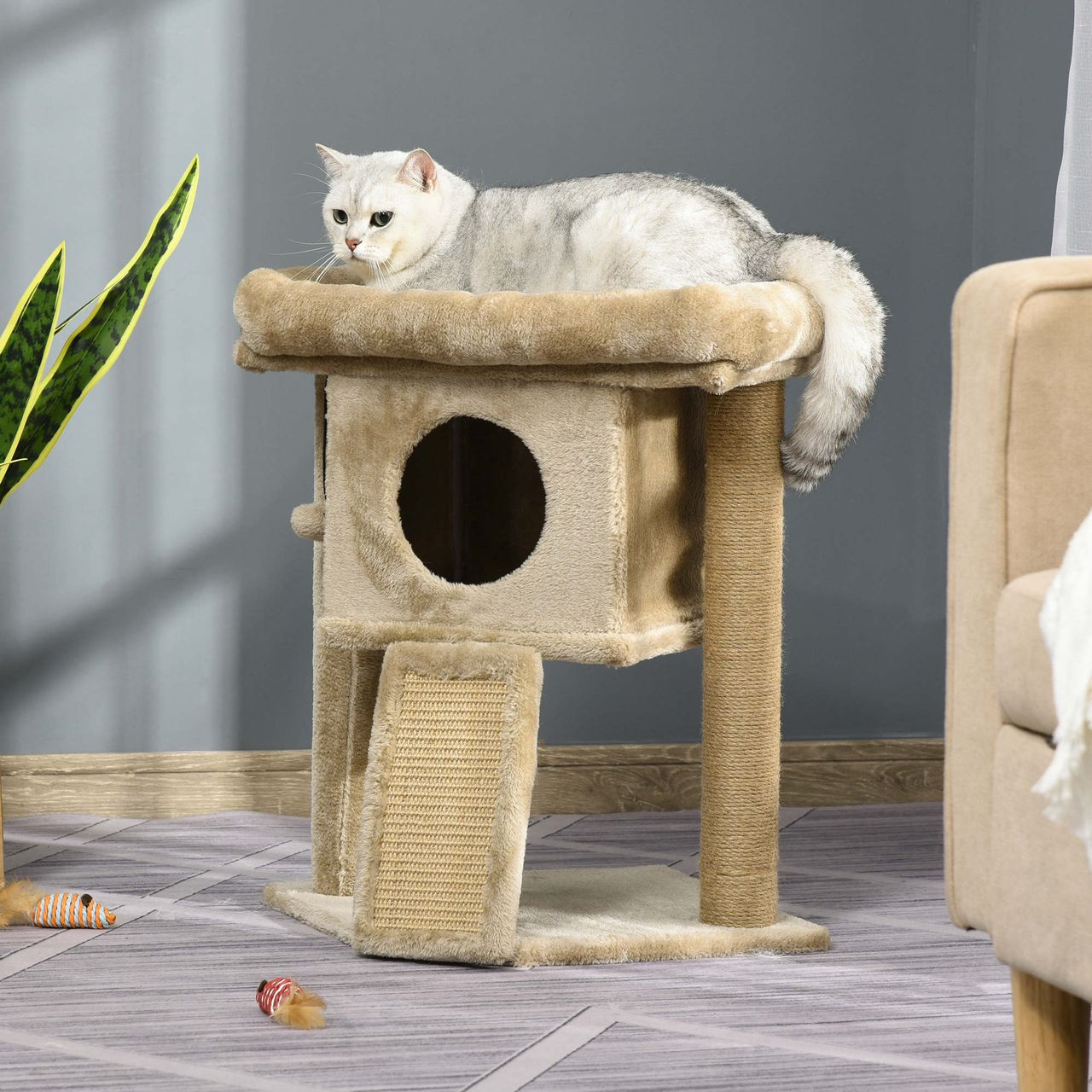 PawHut Kratzbaum mit Jute-Kratzmatte Katzenhaus Liegeplattform Spielball Kaffee