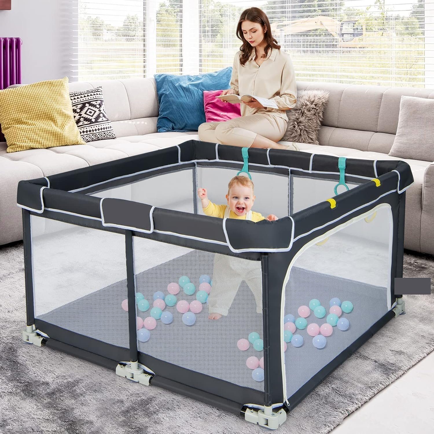 KOMFOTTEU Laufstall Baby, mit Atmungsaktivem Netz & Reißverschluss, 124 x 124cm