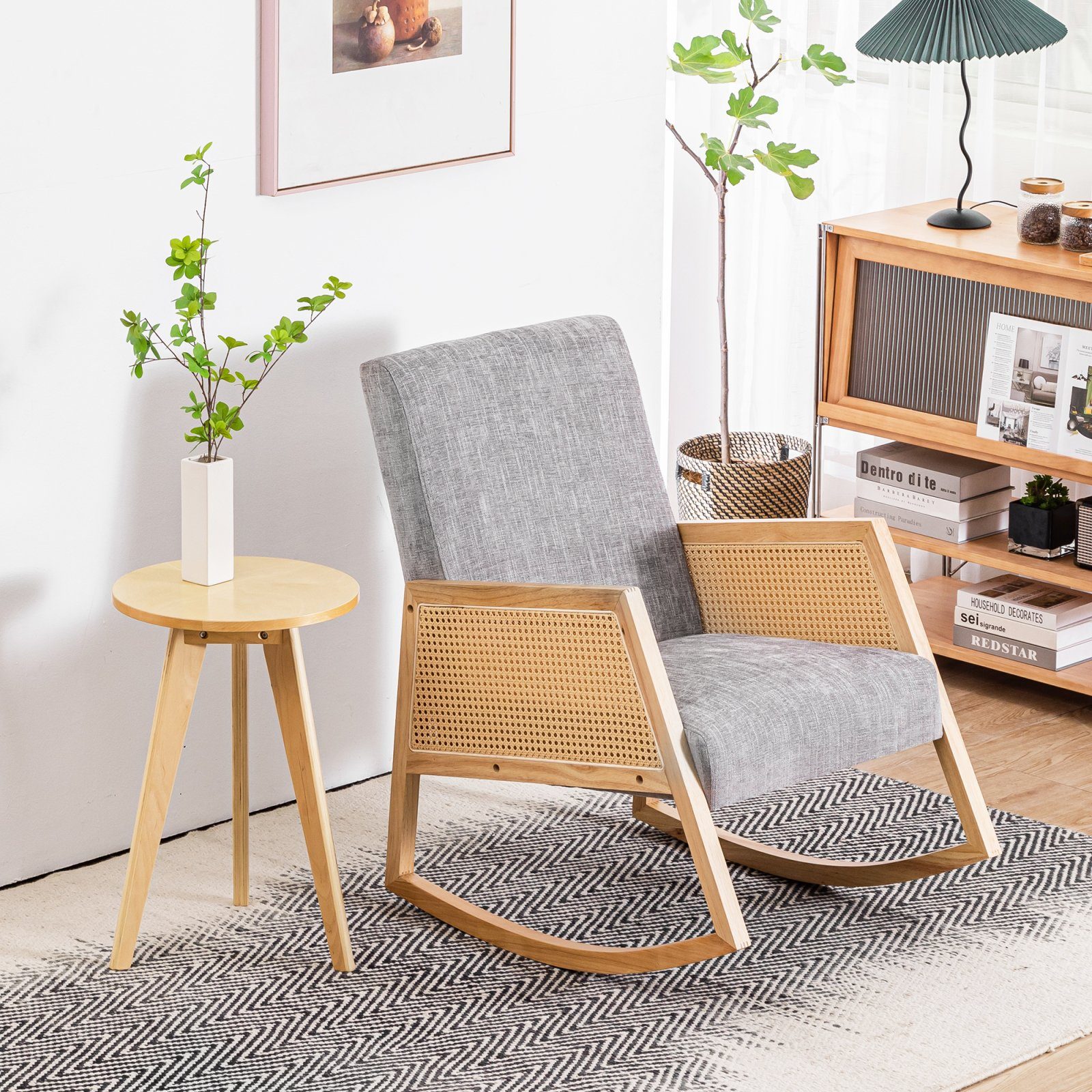 SEEZSSA Schaukelstuhl Wohnzimmer Schaukelstuhl, Massivholz Schaukelsessel Freizeitstuhl (1 St), mit PE Kunststoff Rattan Relaxstuhl für Kinderzimmer Schaukelstuhl