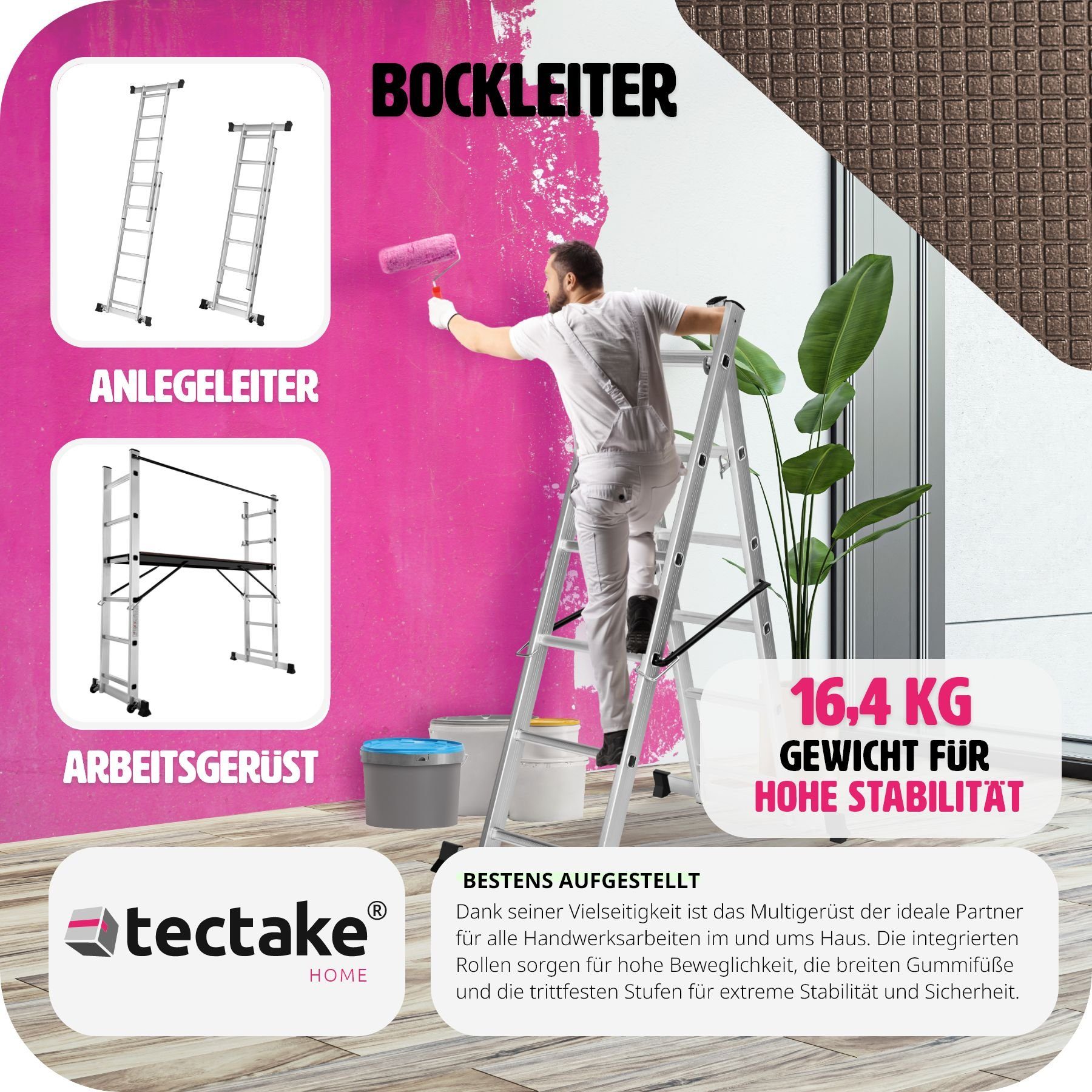 tectake Teleskopleiter Mehrzweckleiter Leitergerüst, faltbar