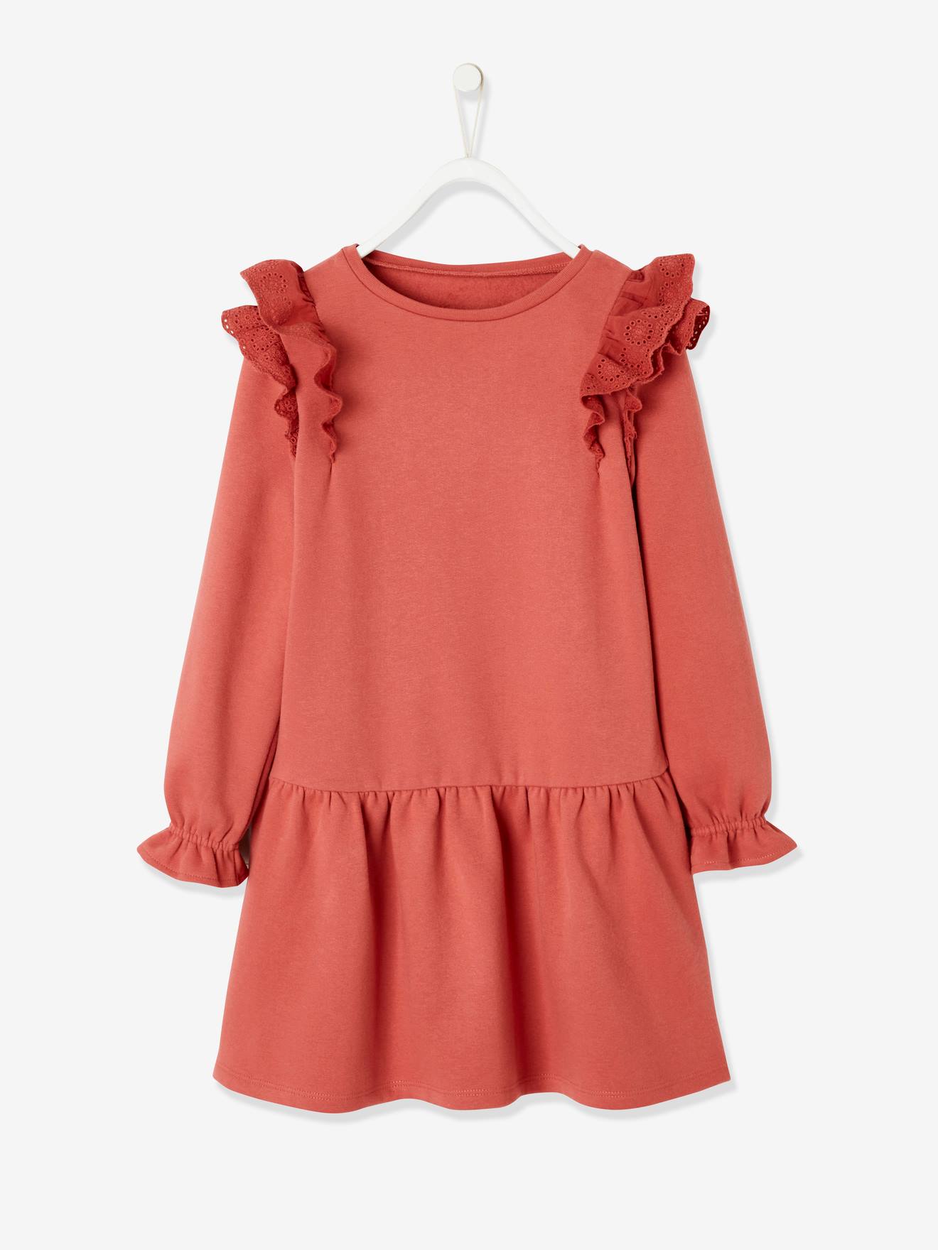 Robe molleton à volants en broderie anglaise fille rose hâlé