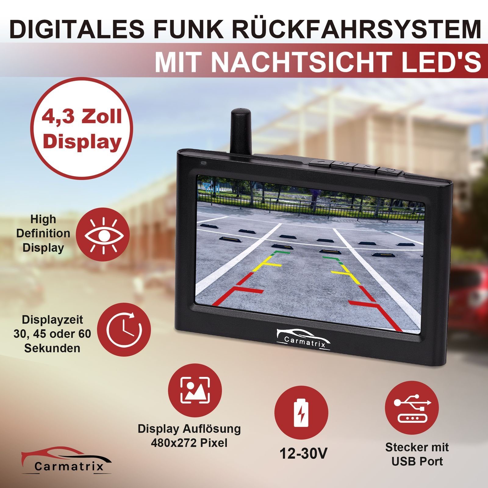 CARMATRIX Kabel 1 Rückfahrkamera (Auto Funk Rückfahrsystem im Nummernschild Kennzeichenhalter, Rückfahrkamera Digital kabellose Einparkhilfe zum nachrüsten)
