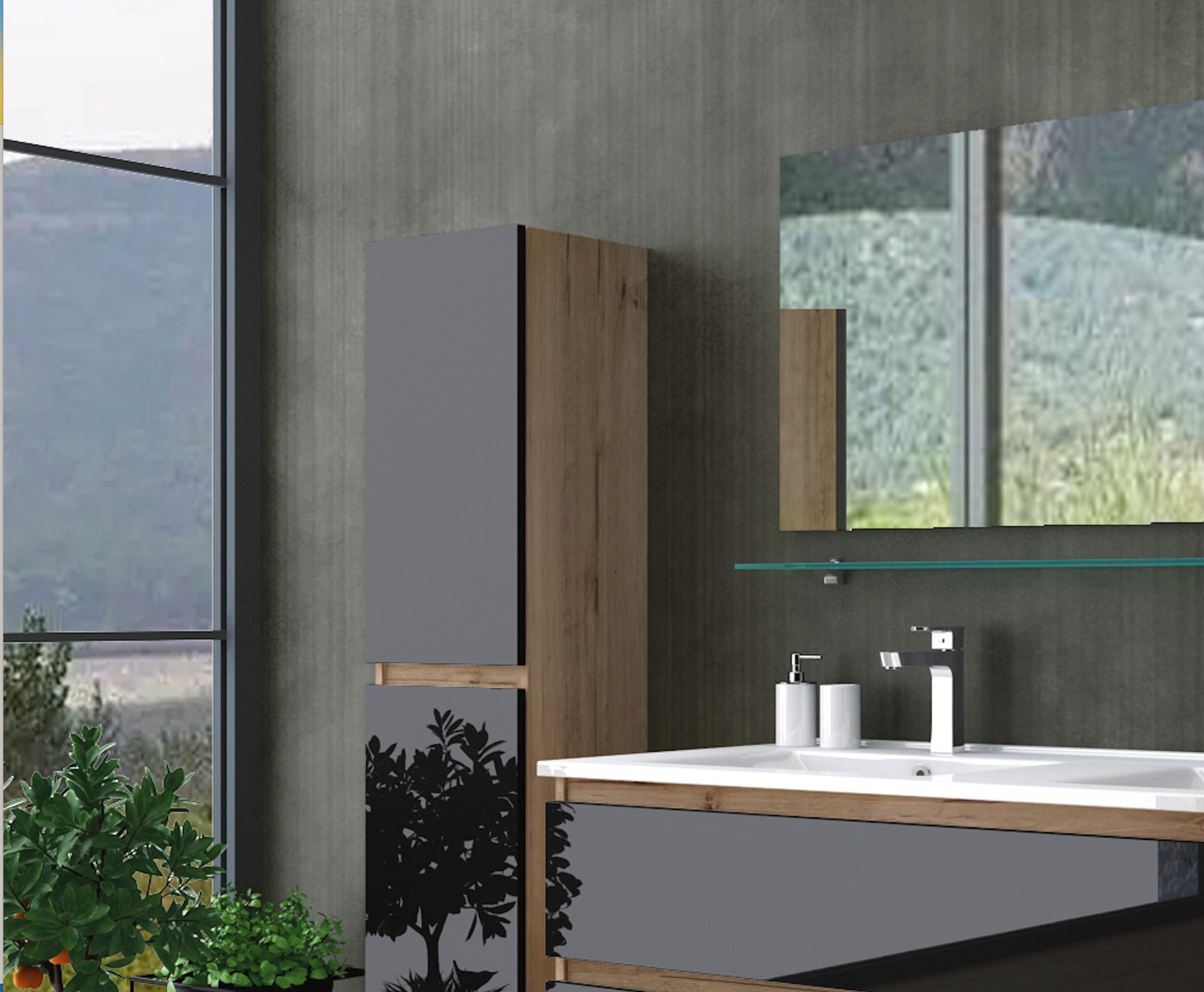 Homeline Badmöbel-Set Kaiser badmöbel, Set Eiche/Schwarz Doppel Waschbecken, Doppeltisch, (Set Angebot, 6-St., Besteht aus Teile), Hochglanz MDR, falls Doppel Waschbecken