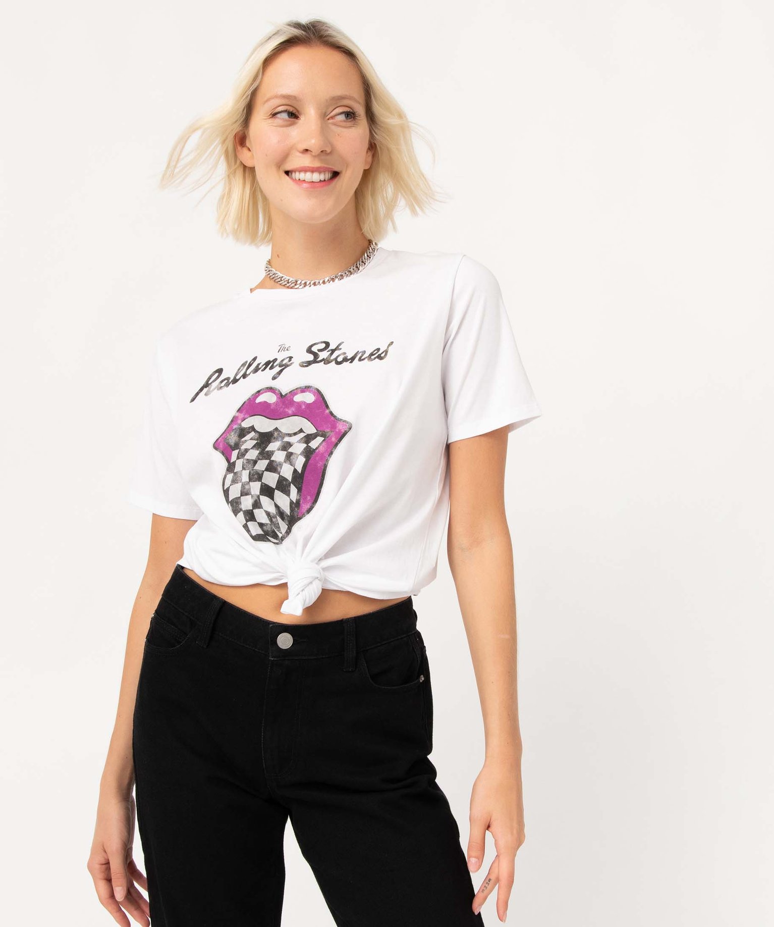 Tee-shirt femme à manches courtes avec motif - Rolling Stones blanc | GEMO