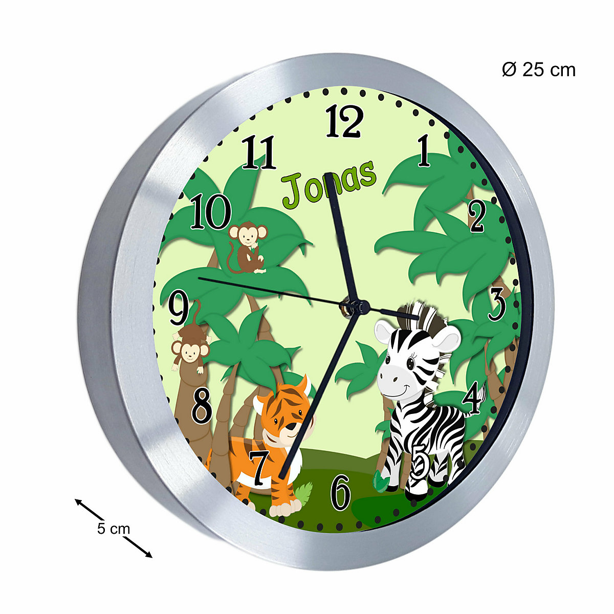 Funkuhr / Wanduhr mit Namen personalisiert Safari-Zebra Atom-/Funkuhr