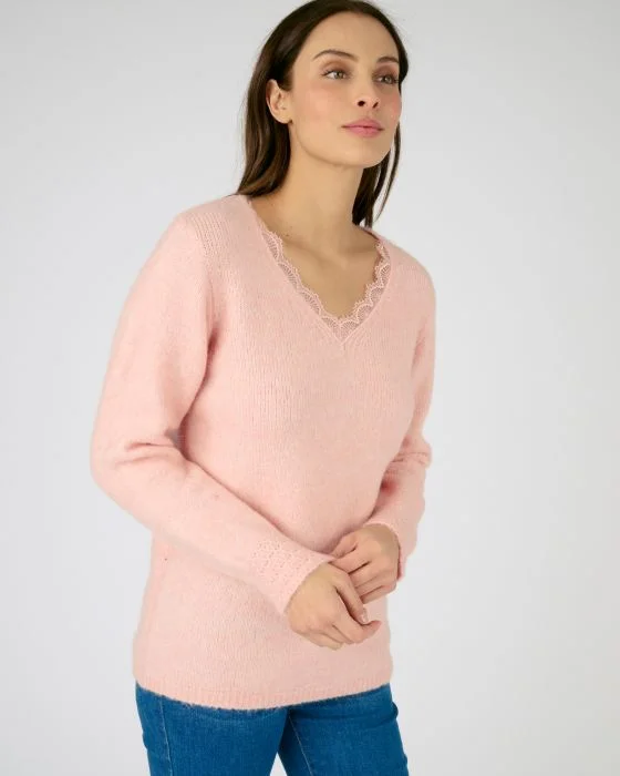 Pull mélange mohair col dentelle