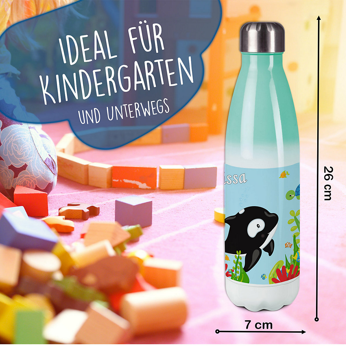 Edelstahl Kinder Thermoflasche / Trinkflasche bunt Unterwasserwelt Spülmaschinenfest, Auslaufsicher, Bruchfest, Doppelwandig, Für Heißgetränke geeignet, Mit Deckel, Isoliert