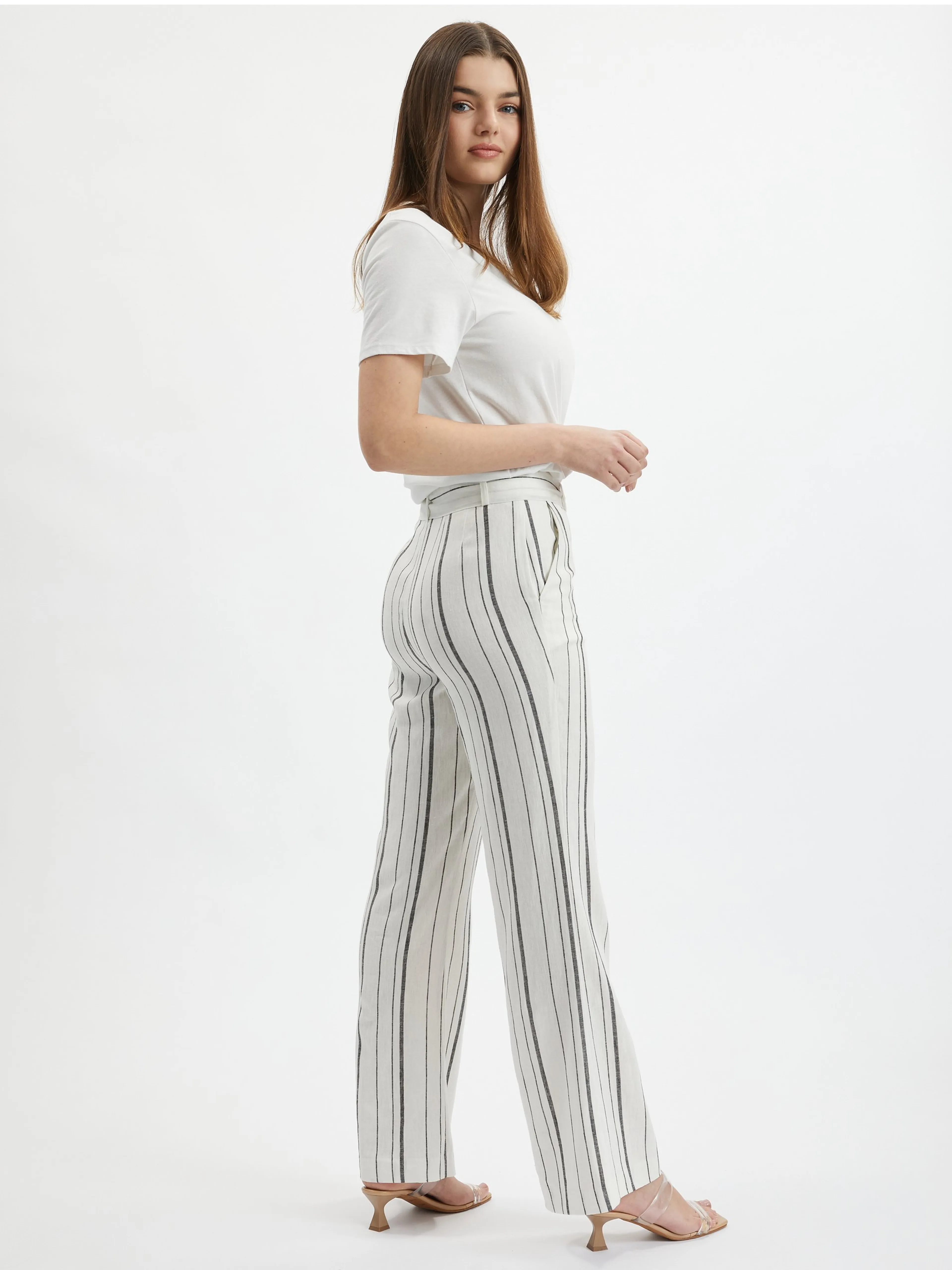 Weiße gestreifte Damen-Leinenhose ORSAY