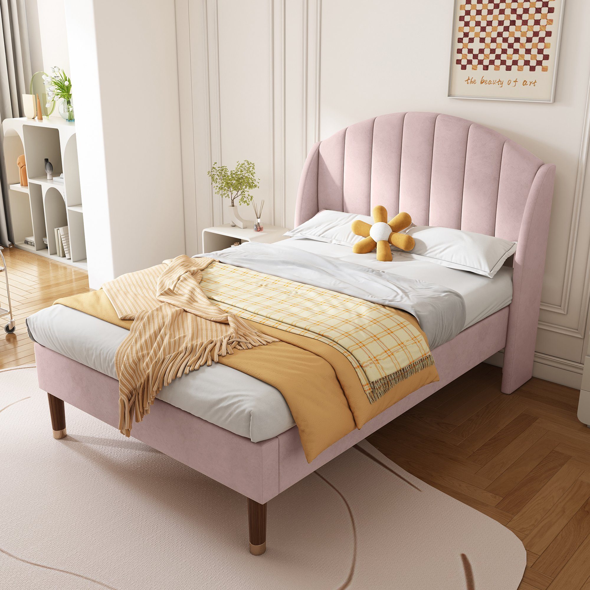 HAUSS SPLOE Polsterbett Polsterbett Einzelbett Funktionsbett Bettrahmen Jugendbett Kinderbett (90*200 mit Lattenrost und Kopfteil ohne Matratze), Holzlattenunterstützung, Einfache Montage