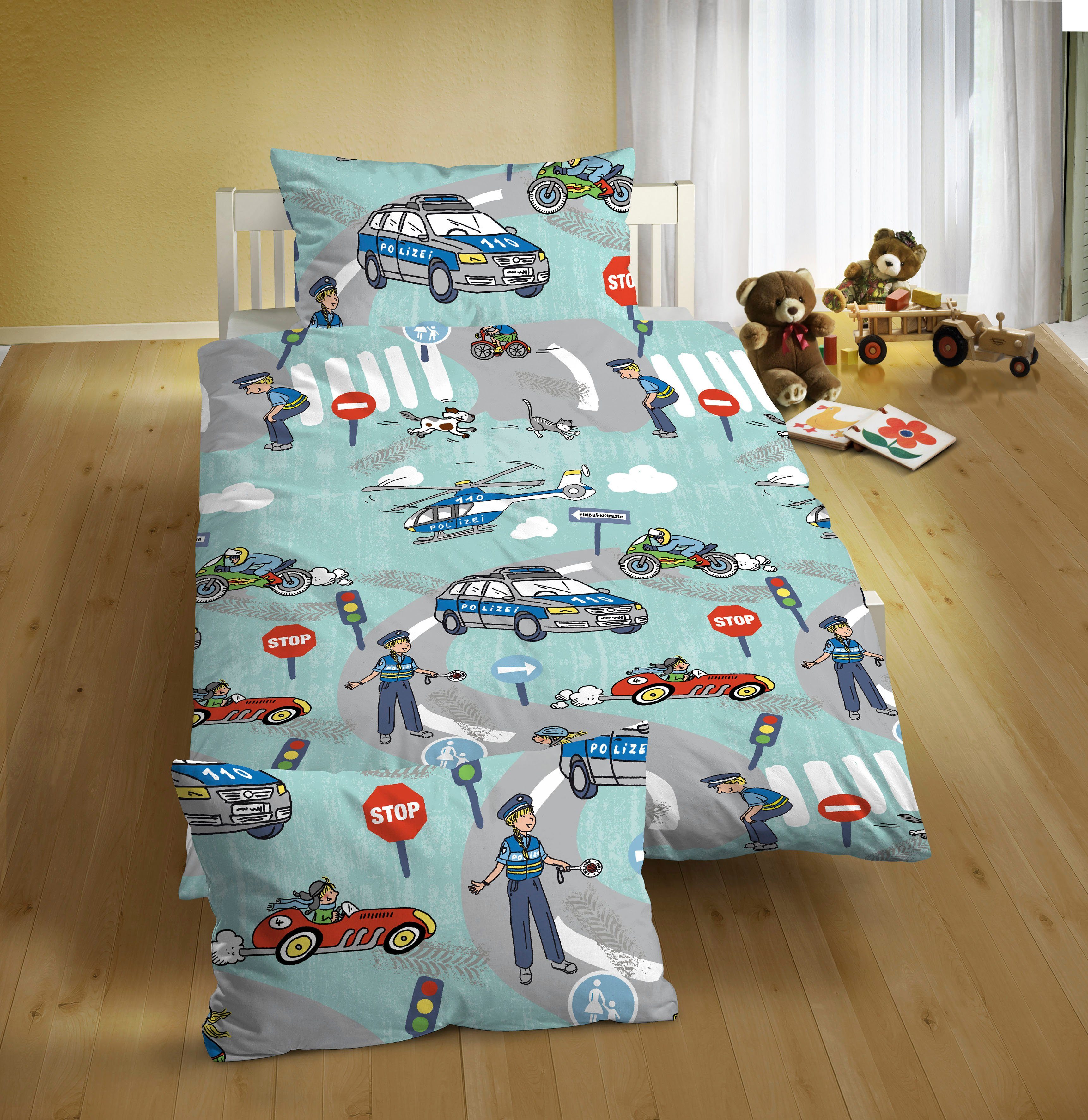 Kinderbettwäsche Ela in Gr. 100x135 oder 135x200 cm, für Kinder, Kinderbettwäsche, Biberna, Feinbiber, 2 teilig, Feinbiber kuschelig warm im Winter, Kinderbettwäsche Polizei, Kinder