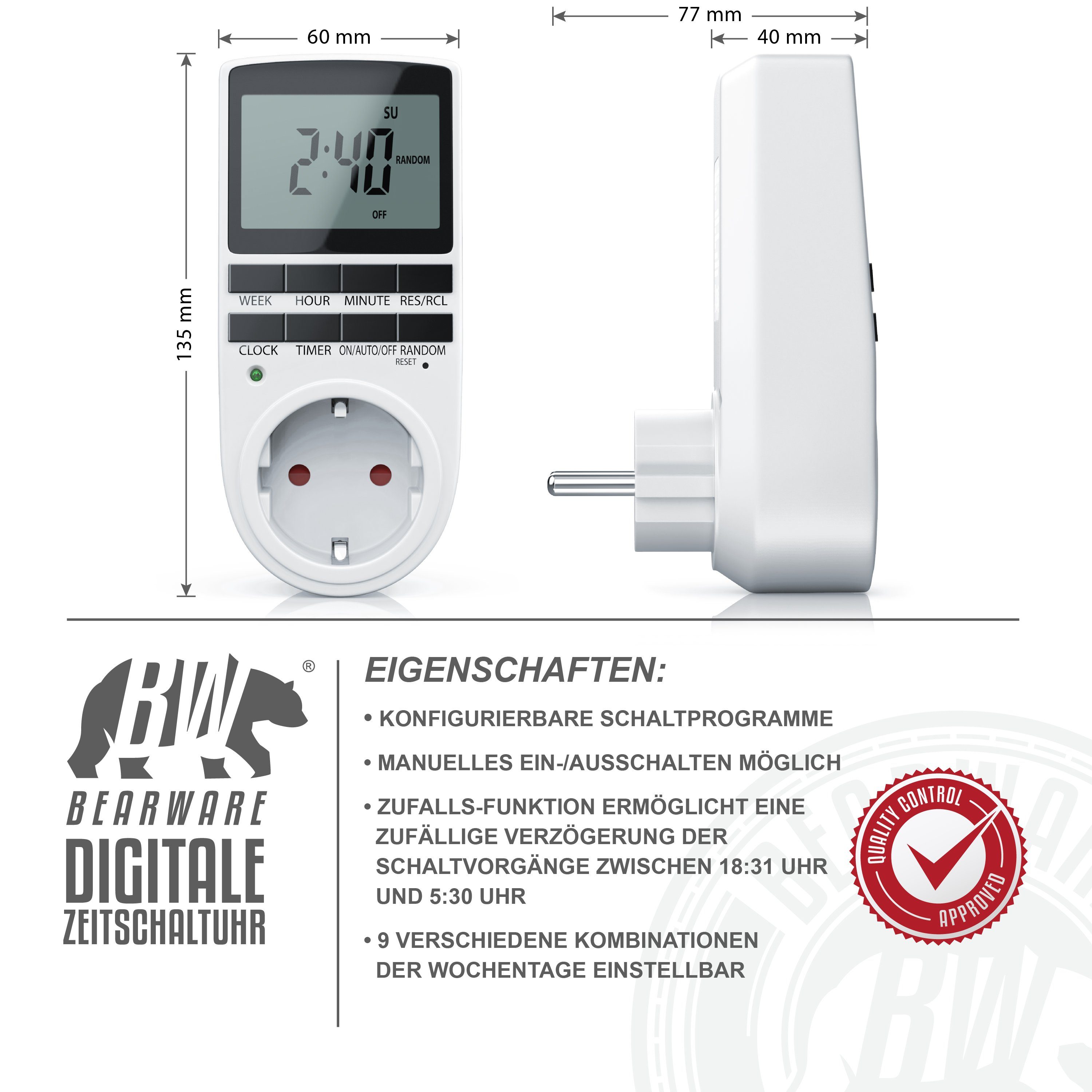 BEARWARE Zeitschaltuhr, digital, Zeitschaltuhr LCD-Display / 3680W / 10 konfigurierbare Programme