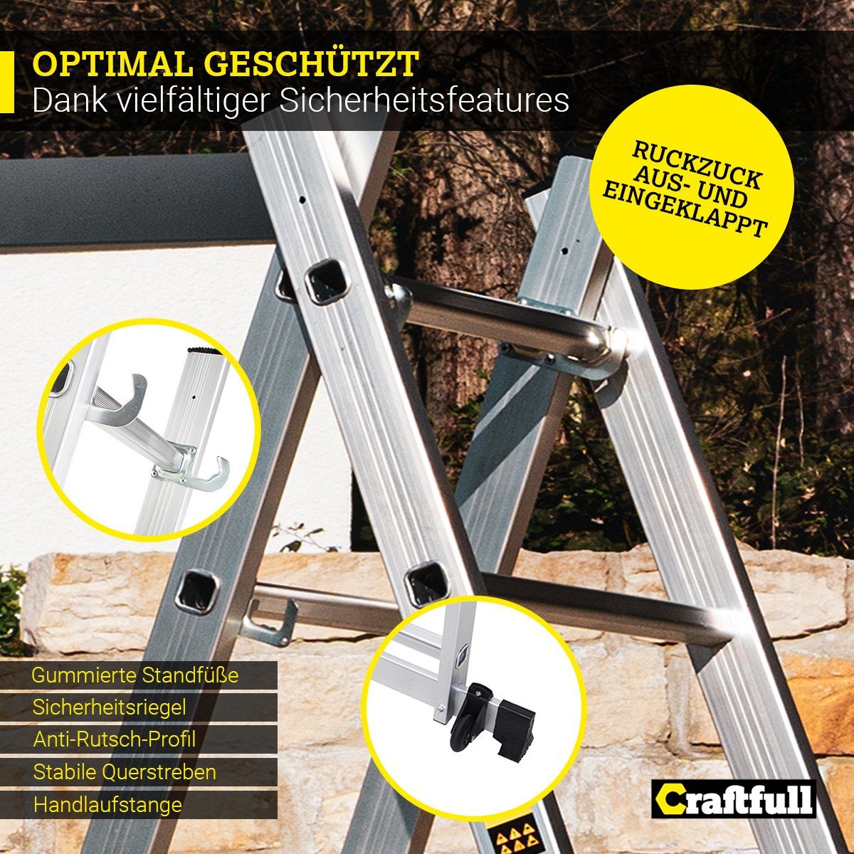 Craftfull Arbeitsgerüst 4in1 Leitergerüst CF-103A - 3 J. Garantie - Mehrzweckleiter Aluminium, (1.68 m - 1.95 m - 150 kg Traglast - Alu Stehleiter bis 150 kg - Doppelhohlkehlenprofil - Anlegeleiter - Gelenkleiter - Stehleiter - Trittleiter - Wandleit
