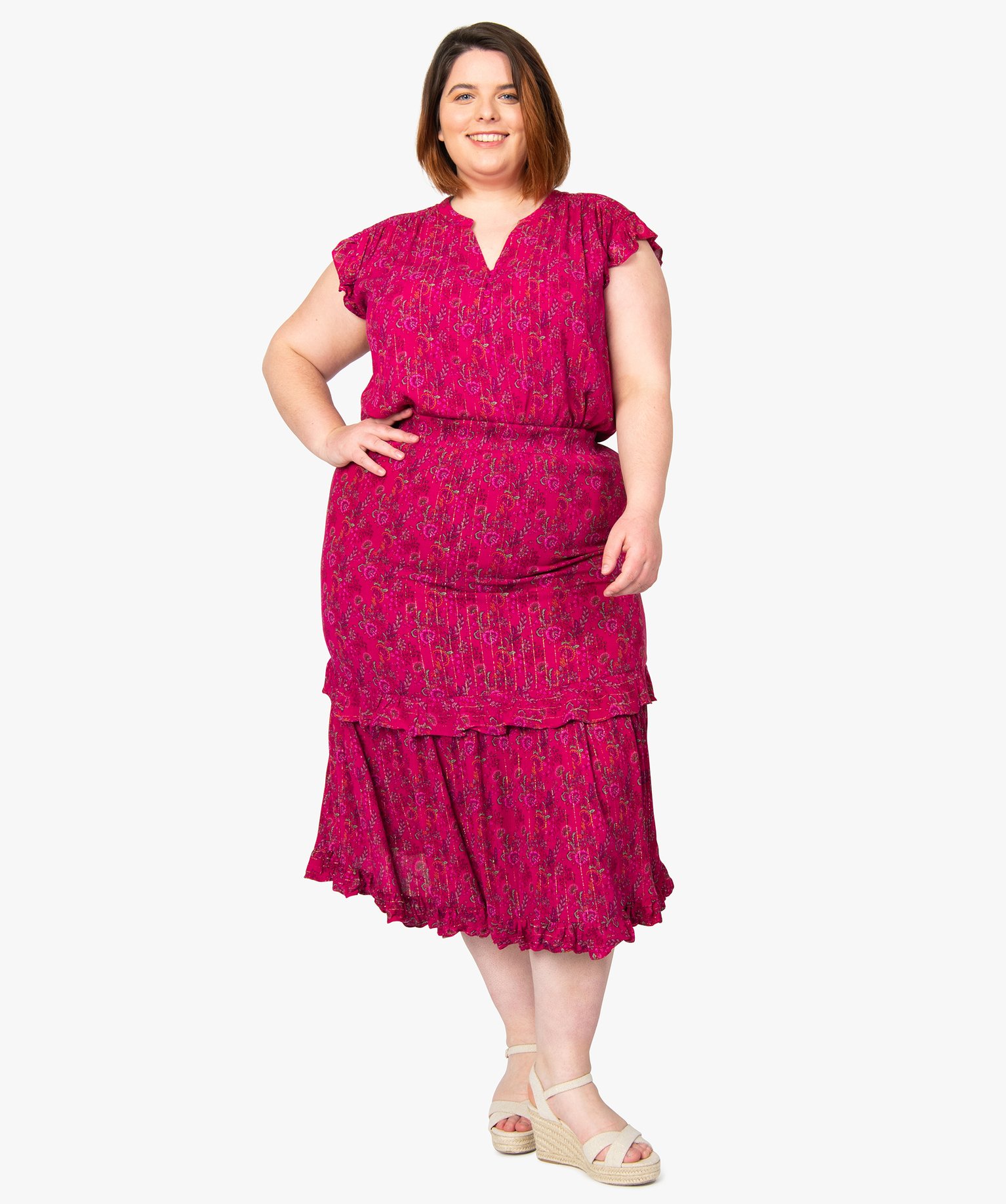 Jupe femme grande taille à motifs fleuris et rayures paille... rose | GEMO