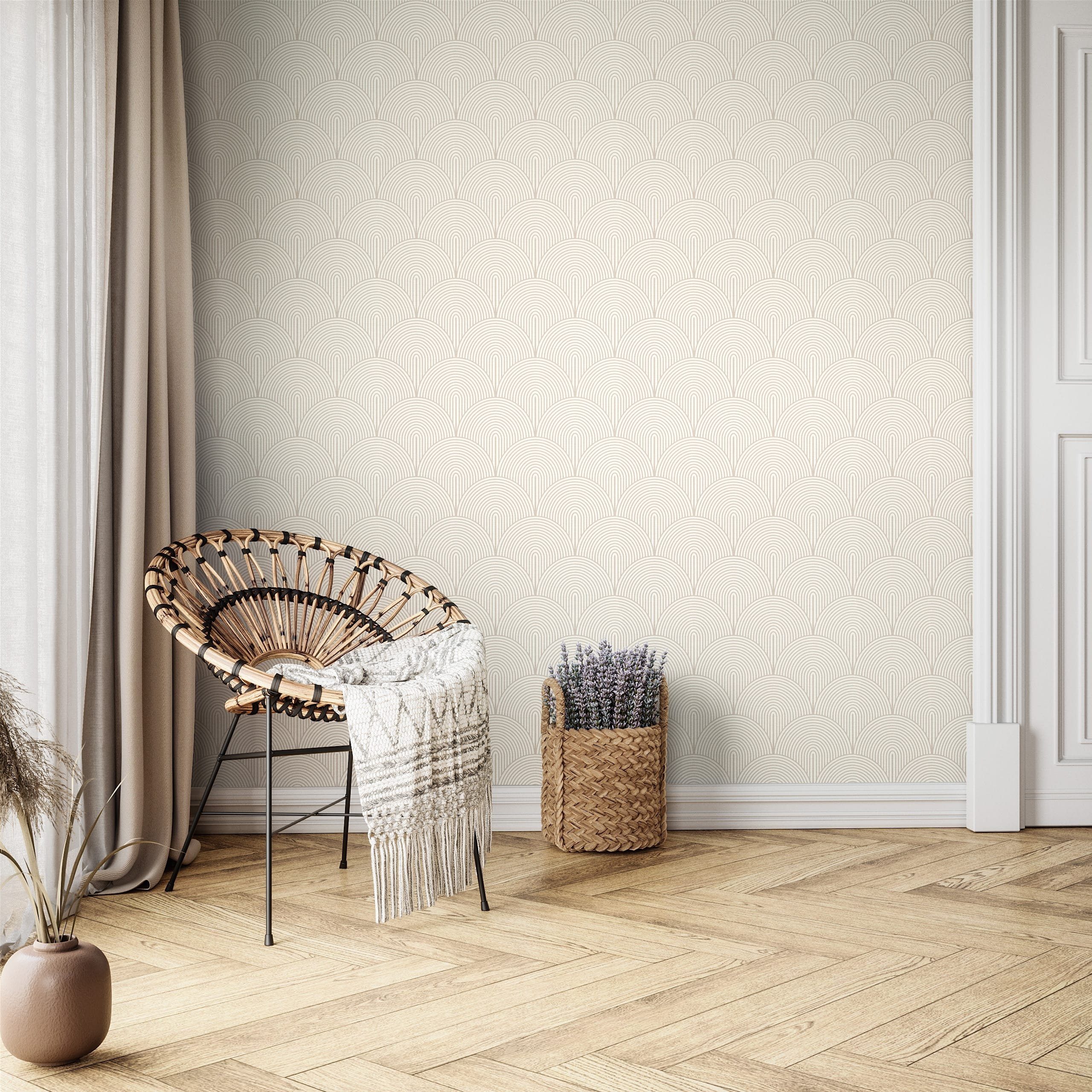 Newroom Vliestapete, Beige Tapete Modern Bogen - Mustertapete Ästhetik Grau Weiß Boho Art déco Linien für Wohnzimmer Schlafzimmer Küche