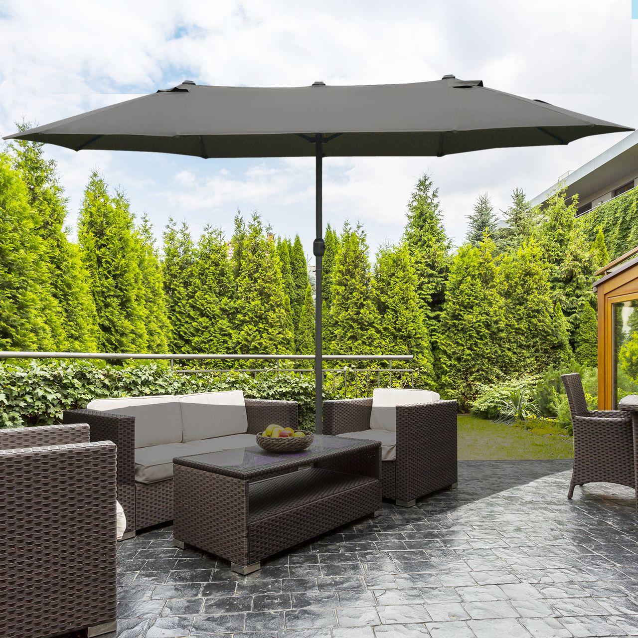 Outsunny Doppelsonnenschirm mit Schirmständer Gartenschirm 460x270cm Dunkelgrau