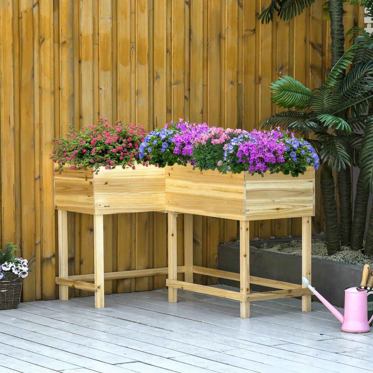 Outsunny Hochbeet Holz Pflanzkasten mit Bewässerungssystem Vliesstoff Blumenkasten Blumentopf Kräuterbeet Natur 121 x 91 x 81 cm