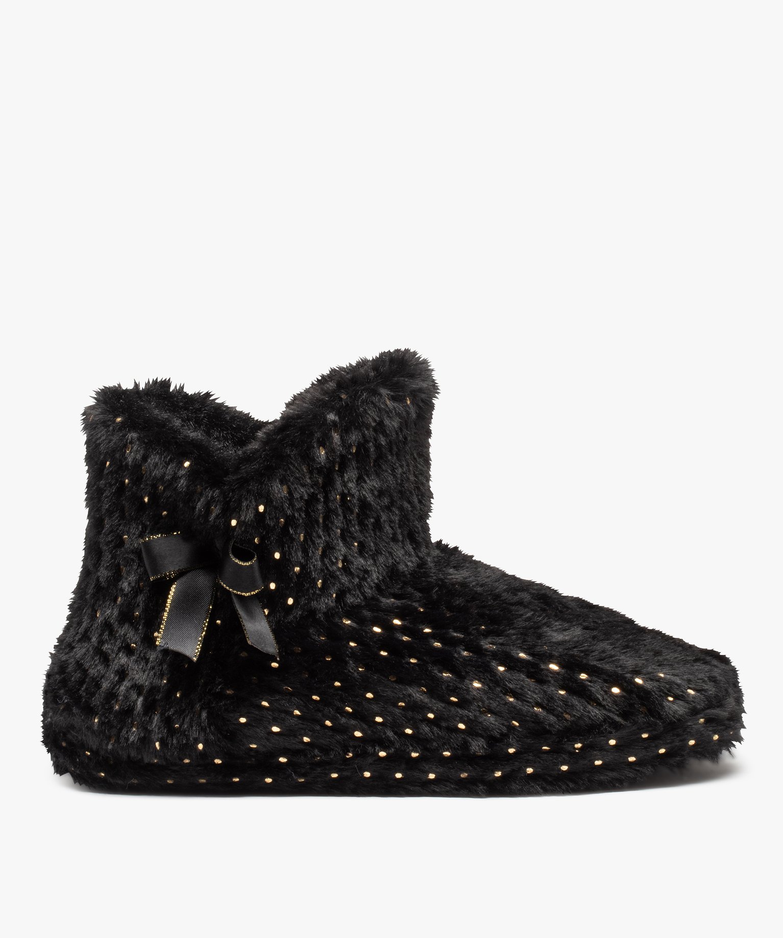 Chaussons femme boots en textile peluche à pois noir | GEMO