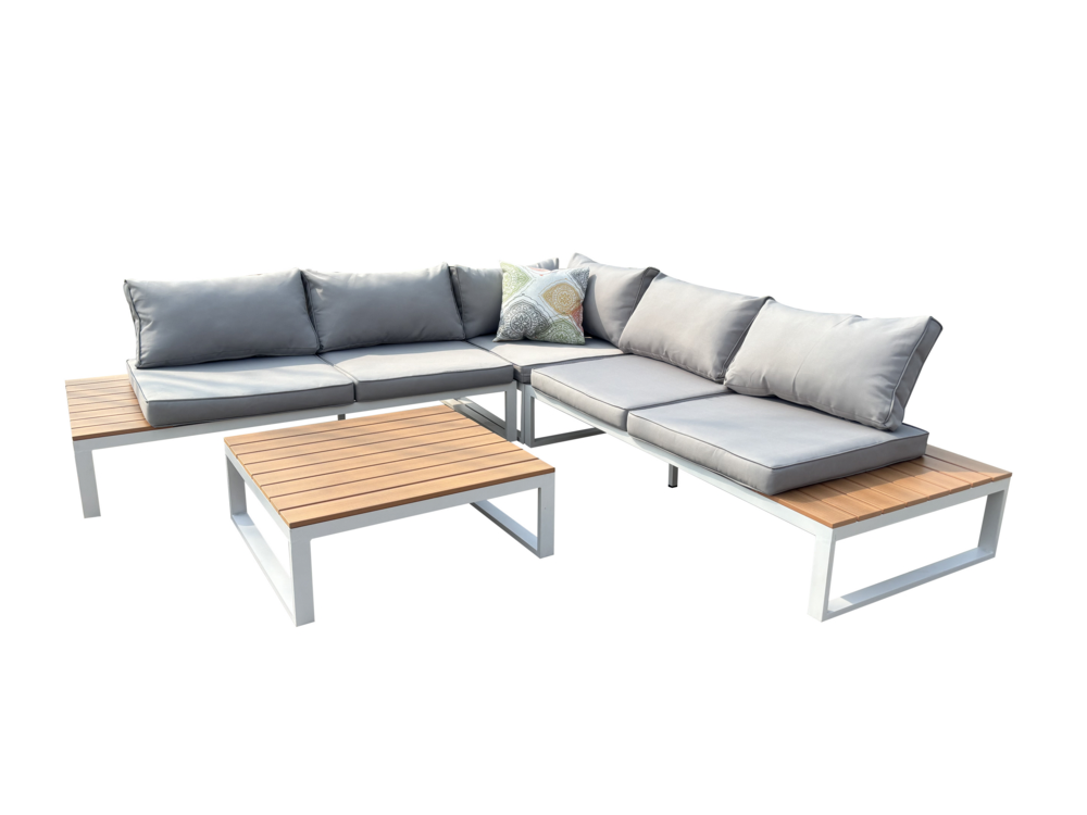 Happy Home Happy Home 14 tlg. Loungeset aus Aluminium inkl. Auflagen HGS64-HGR hellgrau mit Holzoptik
