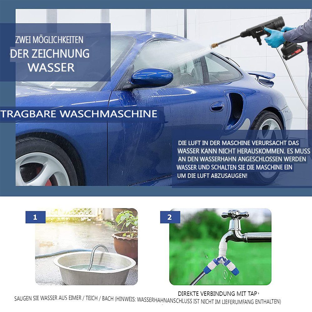 AUDEW Akku-Hochdruckreiniger, 160W Hochdruckreiniger 15000 U/min mit 1 Akku 1300mAh, 5m Schlauch