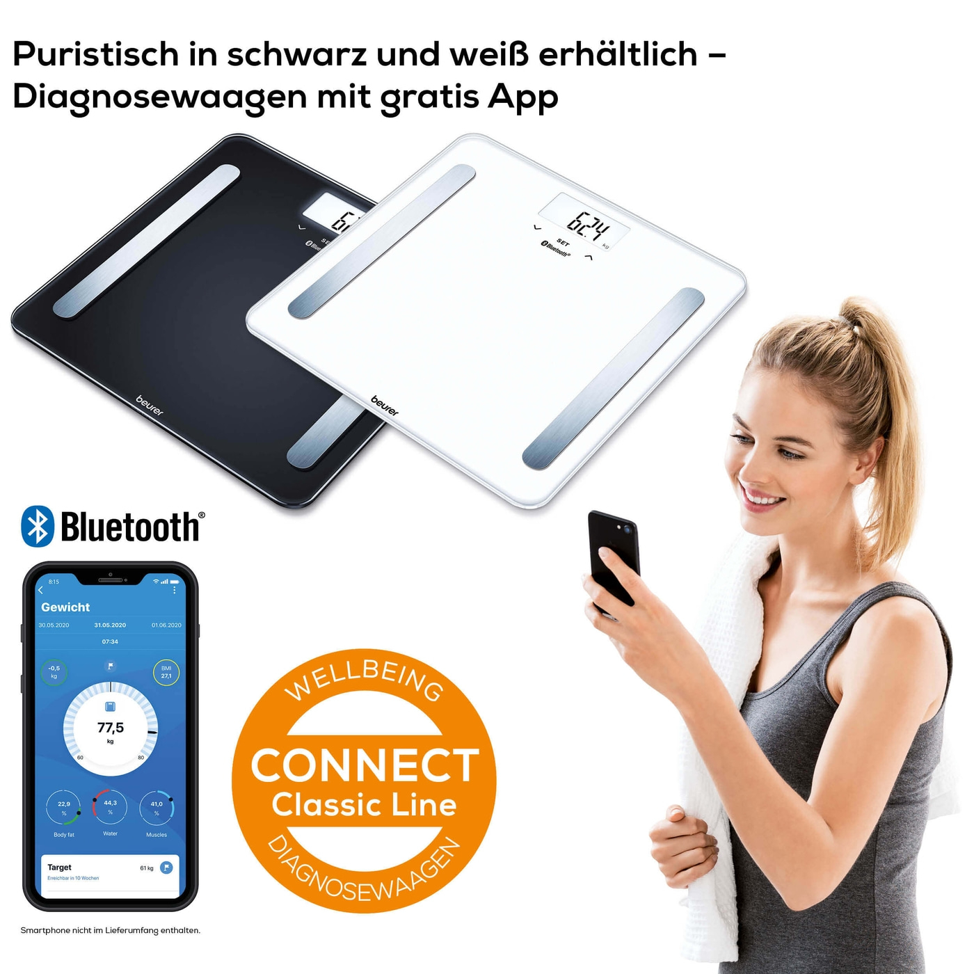 Beurer Diagnosewaage BF 600 Pure Black-Analysewaage mit BMI Ganzkörperanalyse & App-Anbindung - bis 180 kg