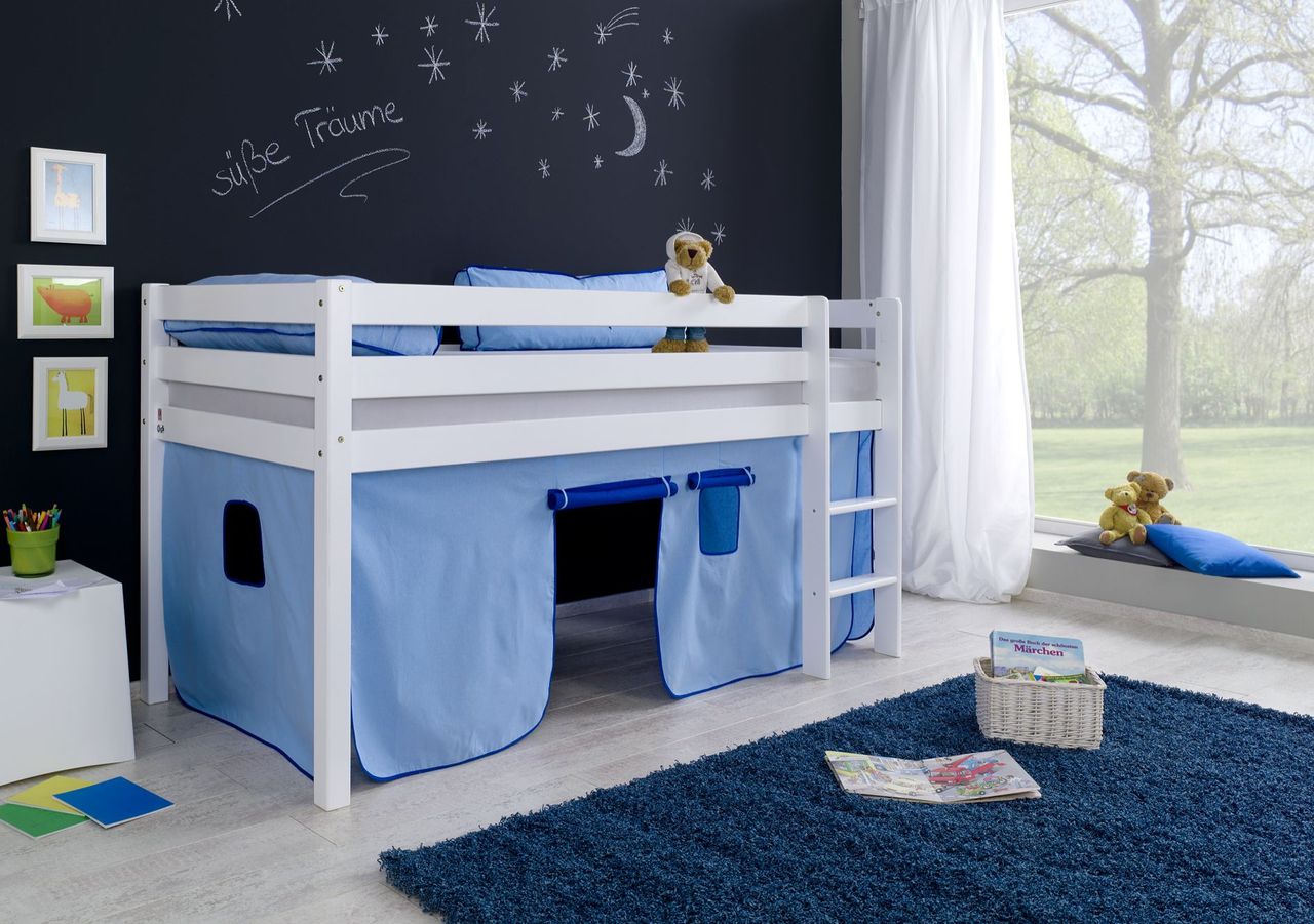 Relita Halbhohes Spielbett ALEX Buche massiv weiß lackiert mit Stoffset Vorhang blau/delfin