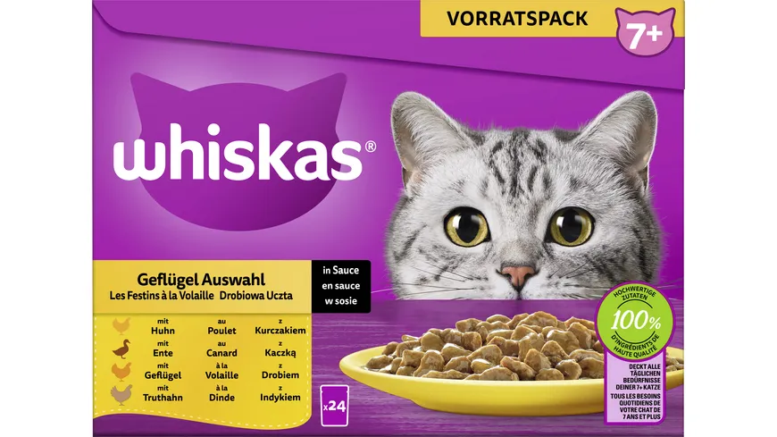 Whiskas® Portionsbeutel 7+ Geflügel Auswahl in Sauce Katzennassfutter 2040 g