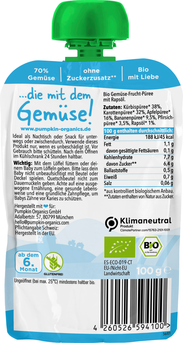 Quetschie Kürbis, Karotte, Apfel, Banane & Pfirsich, ab 6 Monaten, 100 g