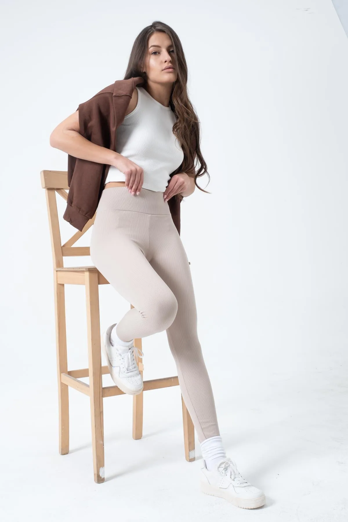 Domoda  Beige Fleece-Innenseite, elastisch, erhöht, gerippt, geraffte Interlock-Winterstrick-Leggings @verona