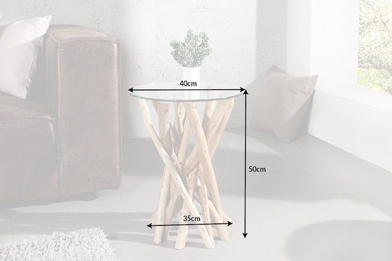 riess-ambiente Beistelltisch DRIFTWOOD 35cm natur / transparent, Massivholz · mit Glasplatte · rund · Handarbeit · Teakholz