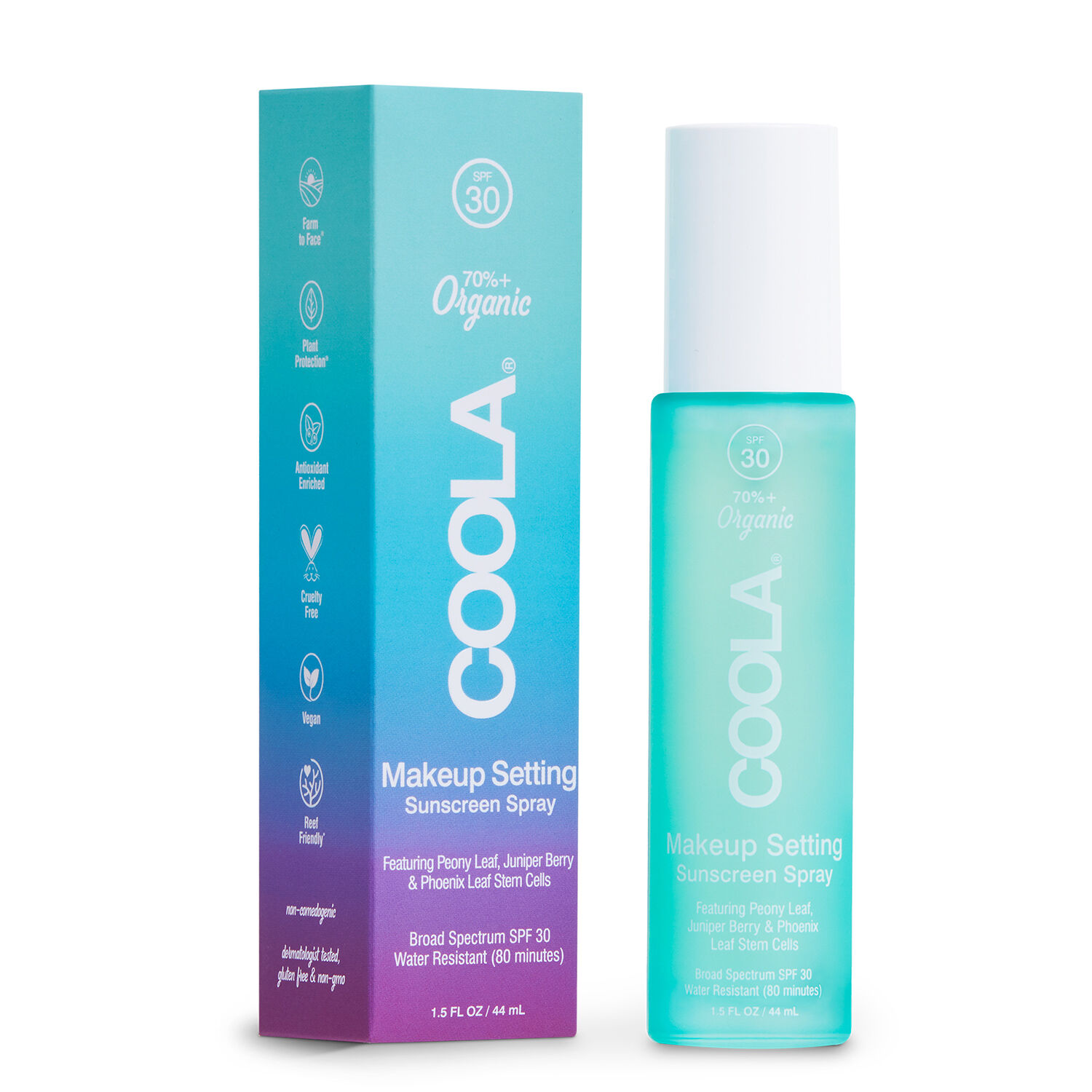 Coola Spray Solaire Visage SPF30 Fixateur Maquillage Thé Vert 44 ml