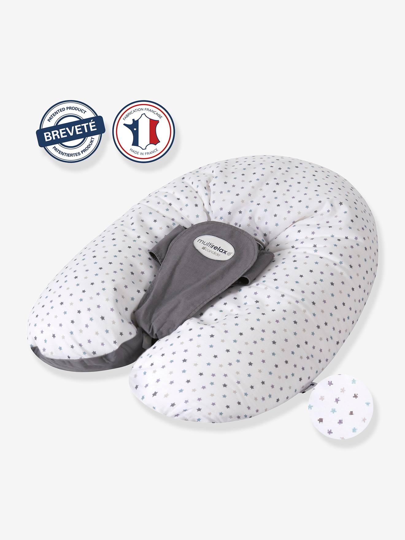 Coussin de maternité et d'allaitement évolutif CANDIDE Multirelax+ gris/imprimé étoiles