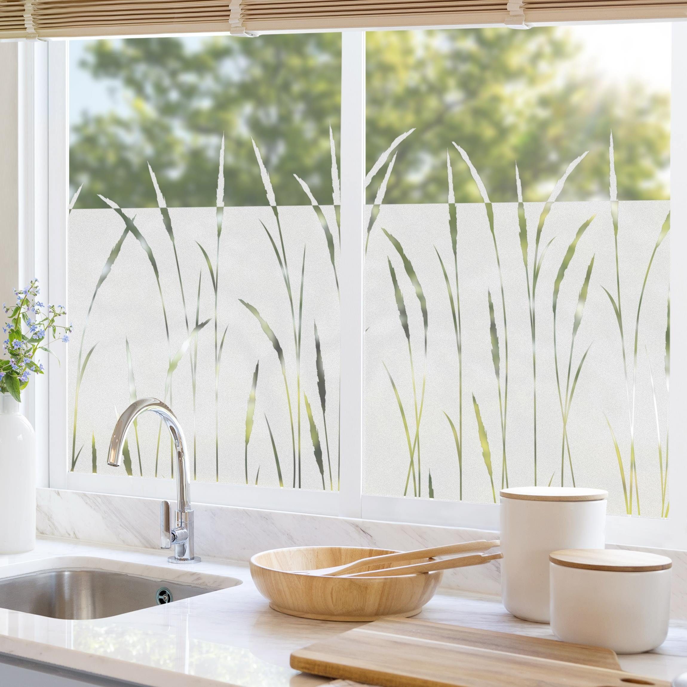 Fensterfolie statisch haftend Motiv Fensterdeko Schilf Gräser Bordüre Blume, Bilderdepot24, blickdicht, Innen Fenster Tür Balkontür Küche Badezimmer Wohnzimmer Schlafzimmer