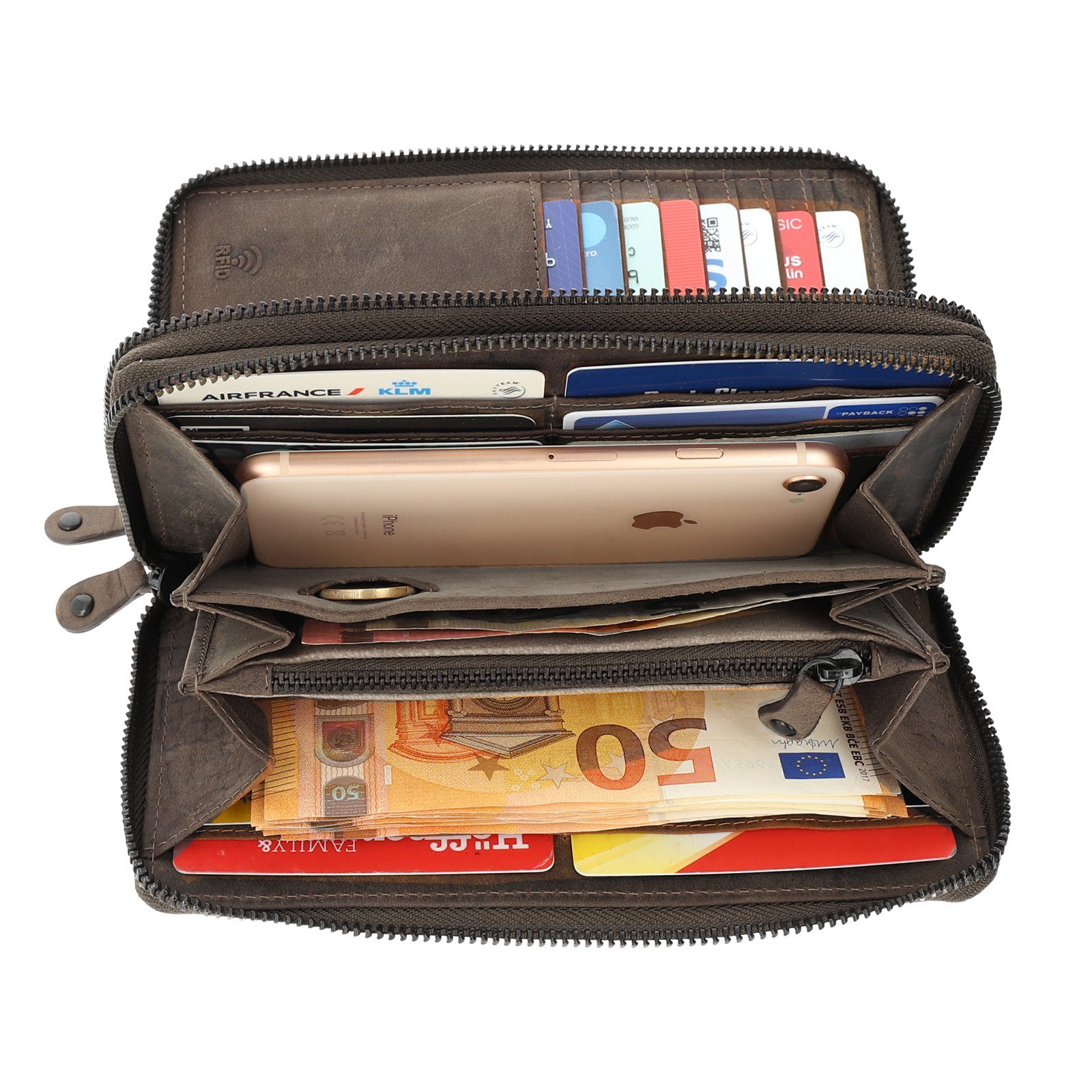 TAN.TOMI Brieftasche Geldbeutel Herren Damen Groß Viele Fächer, Geldbörse Büffelleder Gros, mit 29 Kartenfächer Lang Portemonnaie Frauen RFID Schutz