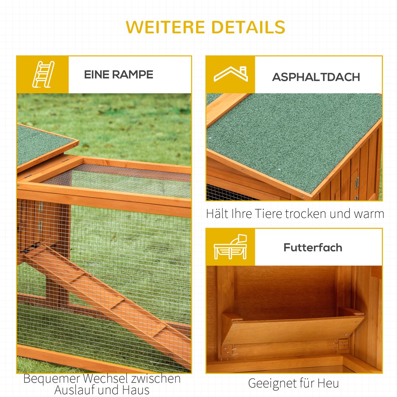 PawHut Kleintierstall Tannenholz Kleintierhaus mit Asphaltdach Kleintierkäfig mit Bodenwanne und Rampe Gehege Outdoor Indoor Orange 156 x 58 x 68 cm