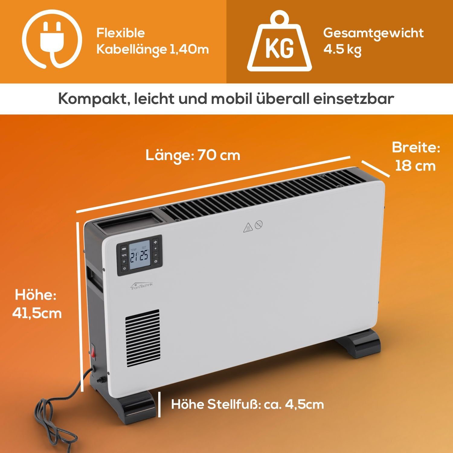 TroniTechnik Konvektor Elektroheizer KH102 Konvektor Heizgerät Heizkörper, 3 Stufen 2300 Watt, 2300 W, mit Griffmulde, Timer und Thermostatsteuerung, Überhitzungsschutz